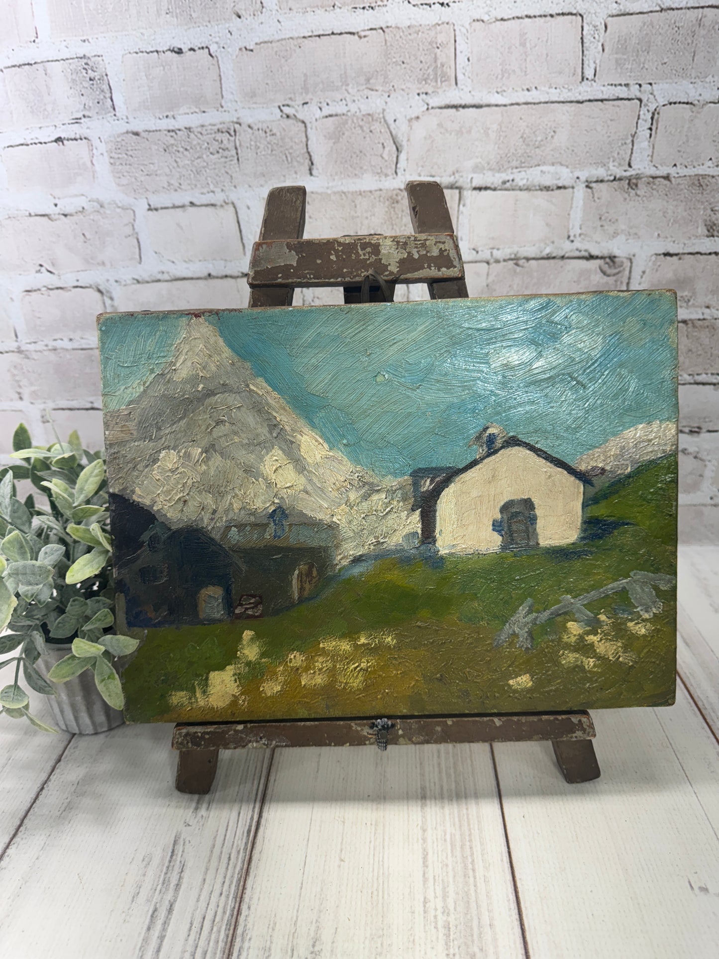 Primitive French Alpine Oil Painting – Mountain Village Landscape on Canvas