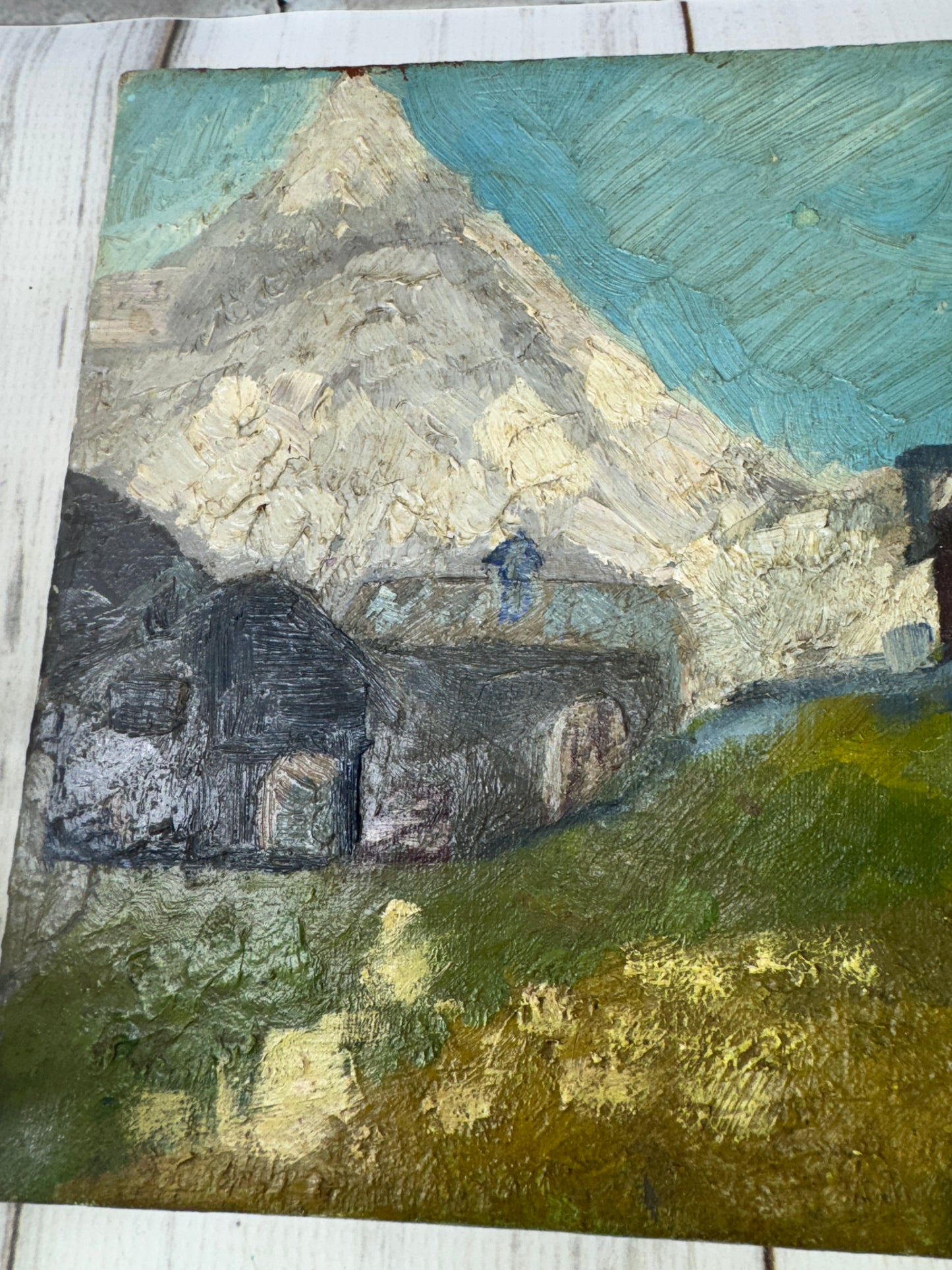 Primitive French Alpine Oil Painting – Mountain Village Landscape on Canvas