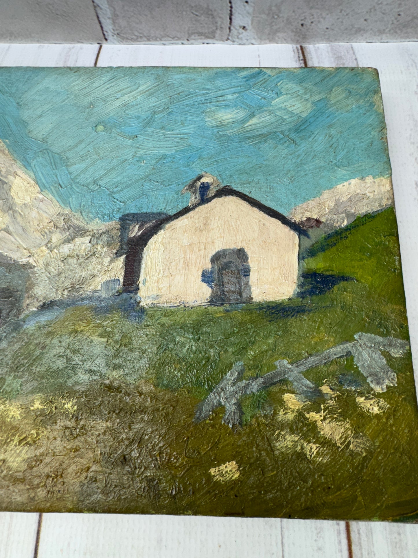 Primitive French Alpine Oil Painting – Mountain Village Landscape on Canvas