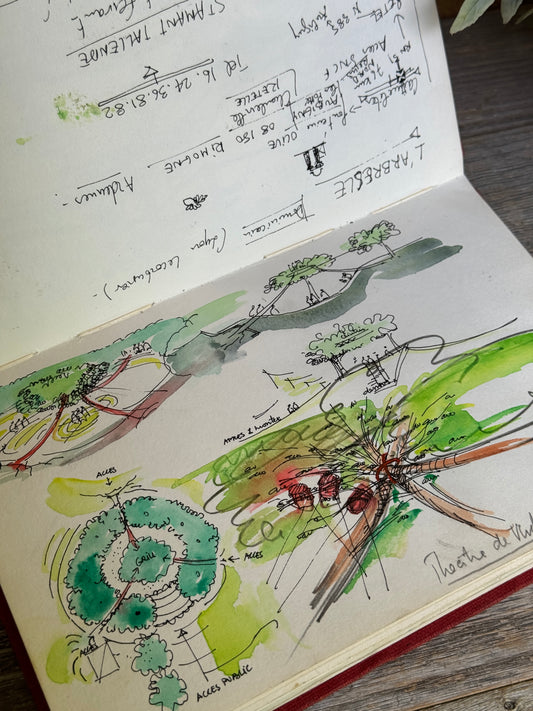 Vintage French Artist Sketchbook – Watercolor & Ink Drawings, Red Cloth Cover