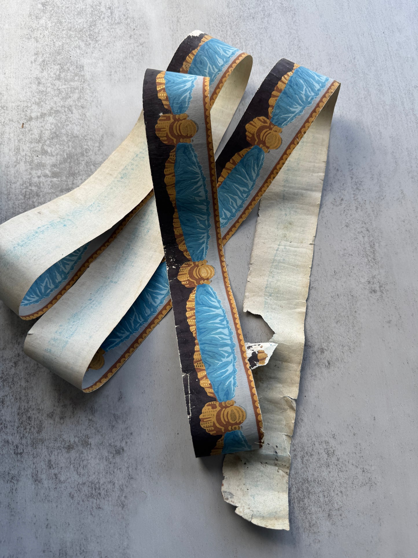 Antique French Hand,Block Wallpaper Border, 1800's Swag Blue & Gold Design