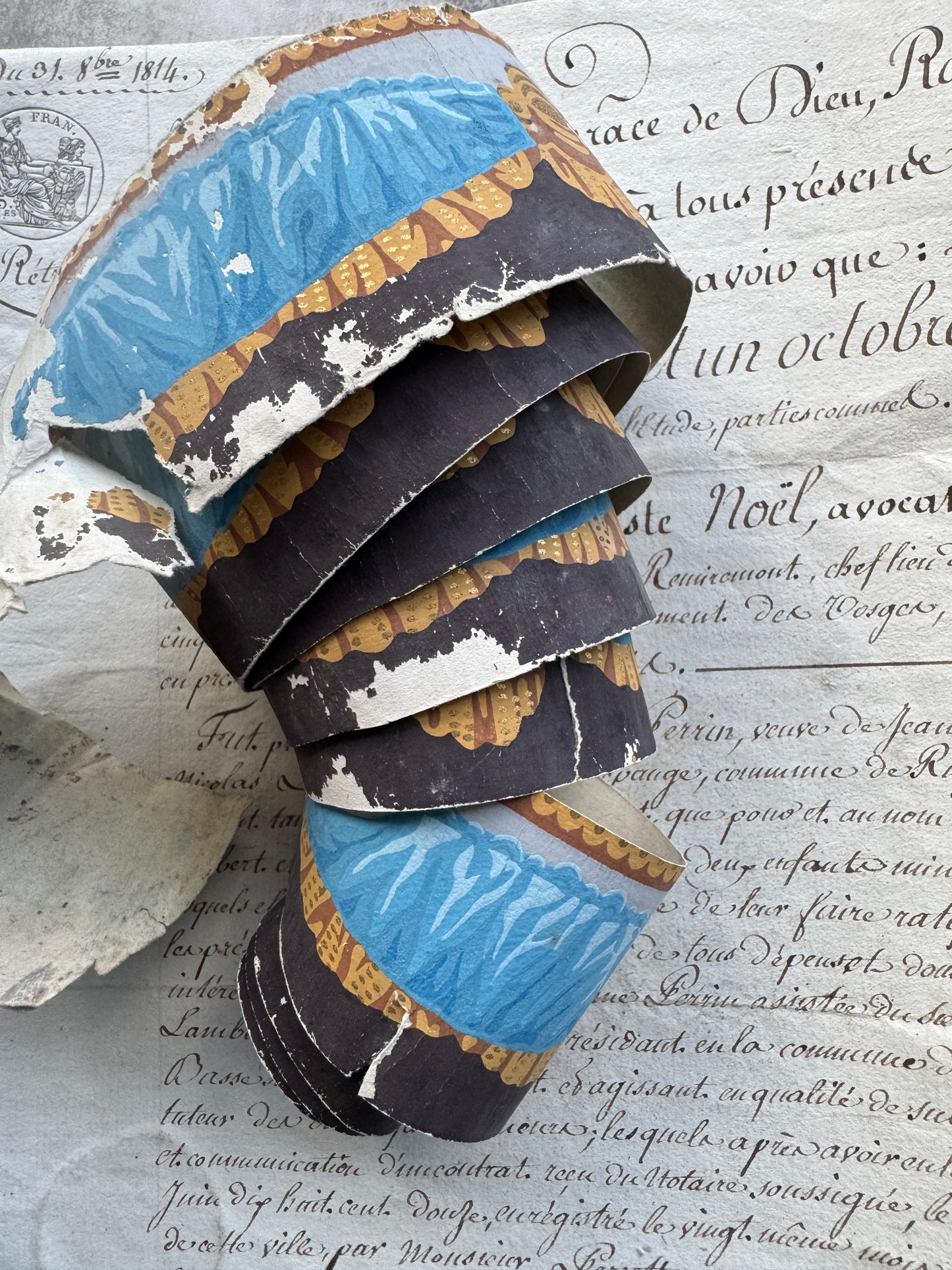 Antique French Hand,Block Wallpaper Border, 1800's Swag Blue & Gold Design