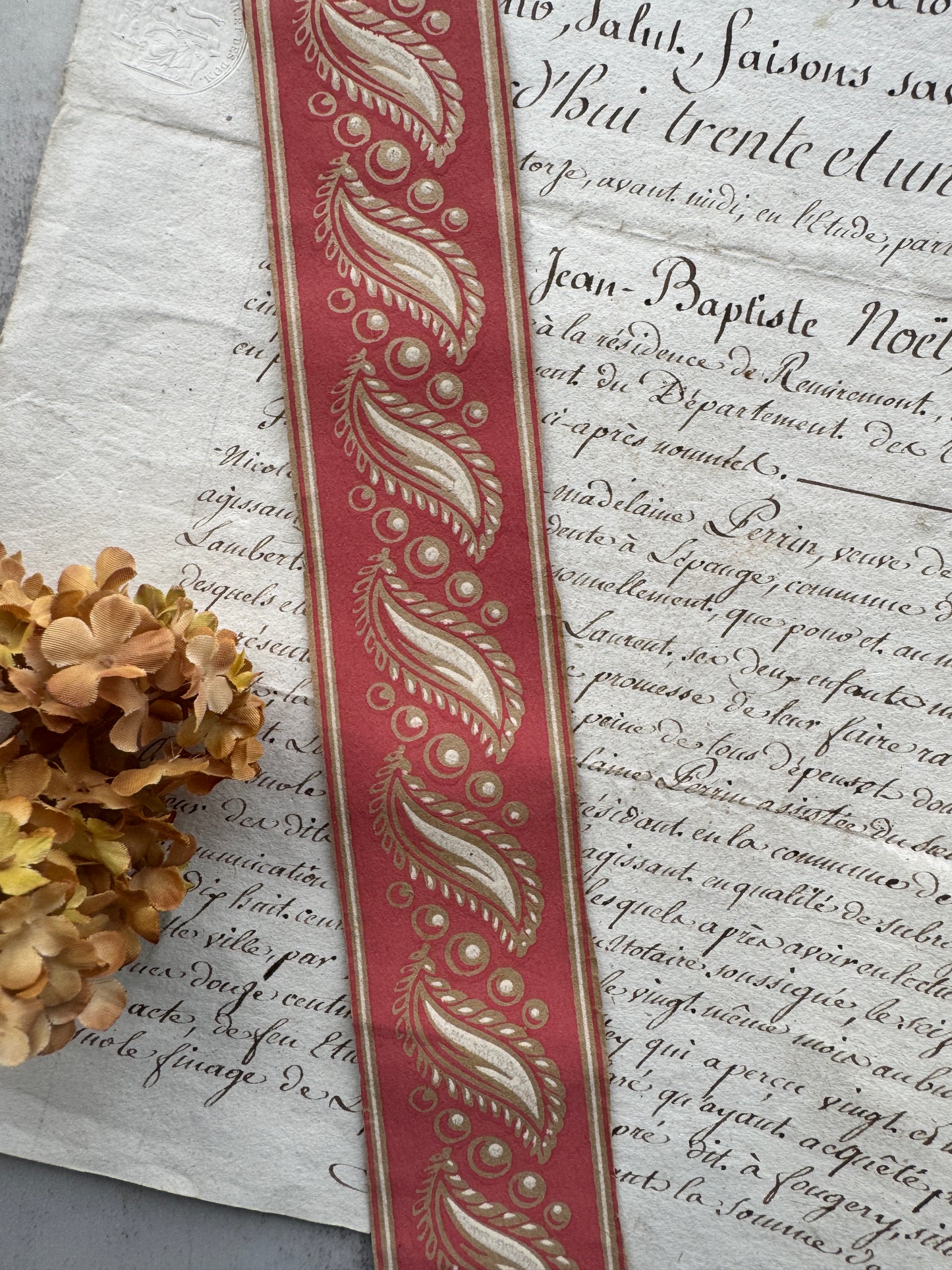 Antique French Hand, Blocked Wallpaper Border, 1800's Red & Gold Paisley Trim