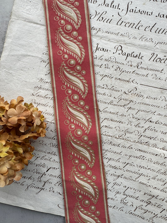 Antique French Hand, Blocked Wallpaper Border, 1800's Red & Gold Paisley Trim