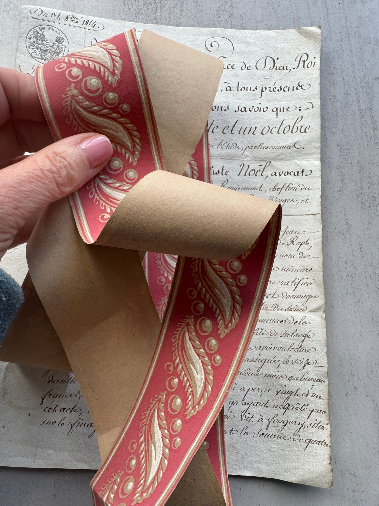 Antique French Hand, Blocked Wallpaper Border, 1800's Red & Gold Paisley Trim