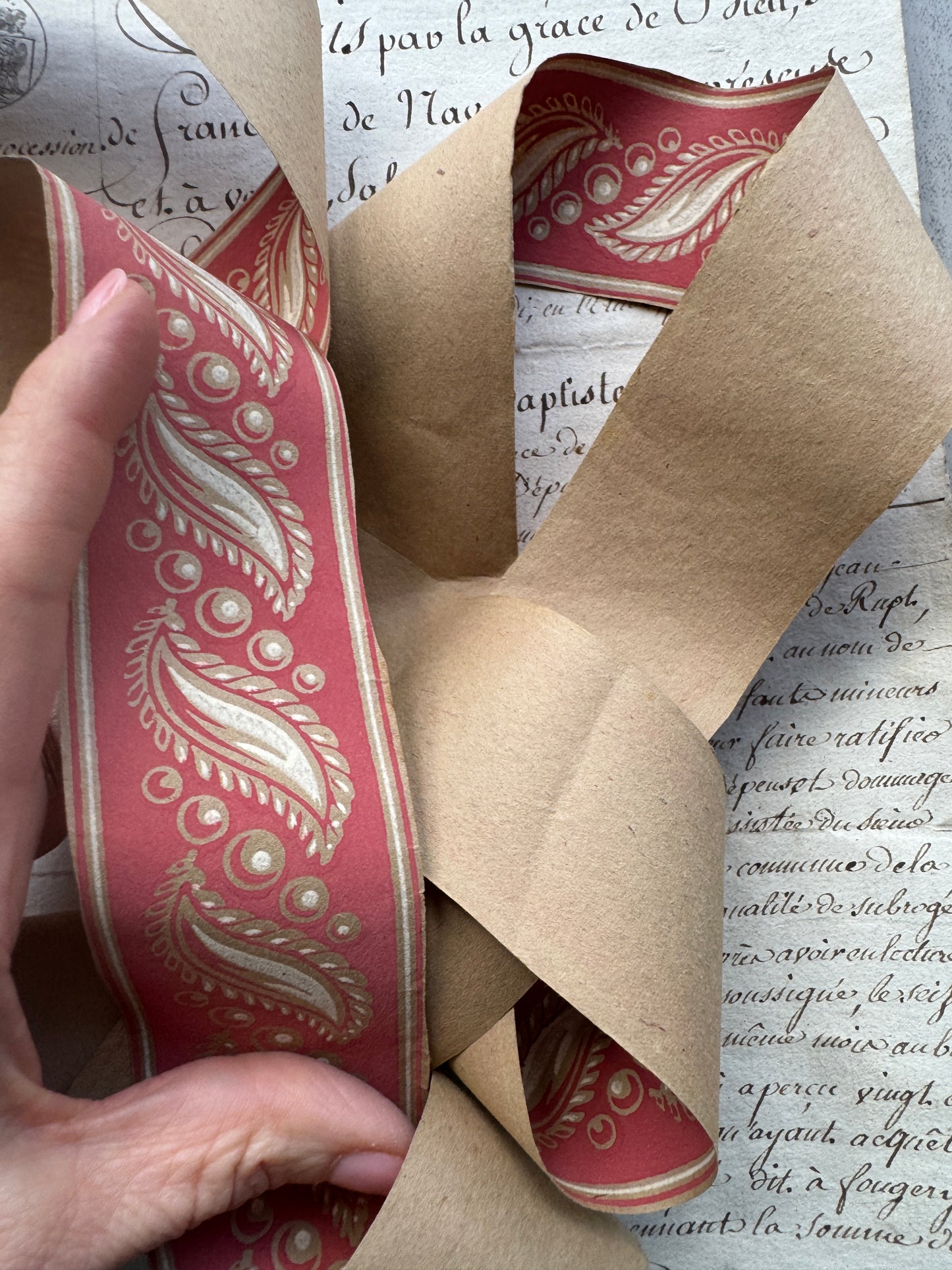 Antique French Hand, Blocked Wallpaper Border, 1800's Red & Gold Paisley Trim