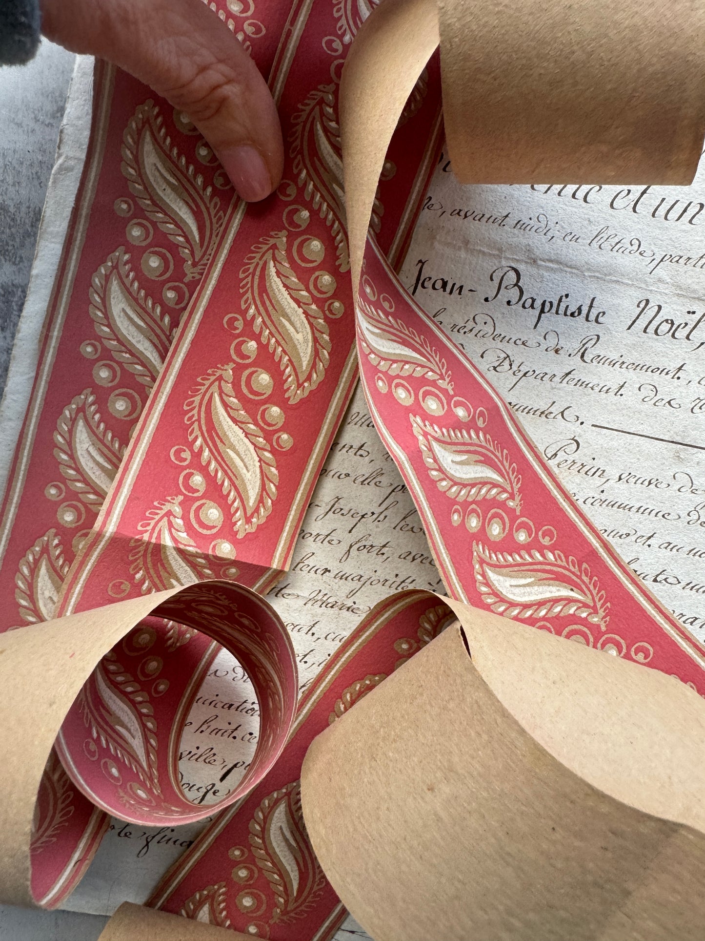 Antique French Hand, Blocked Wallpaper Border, 1800's Red & Gold Paisley Trim