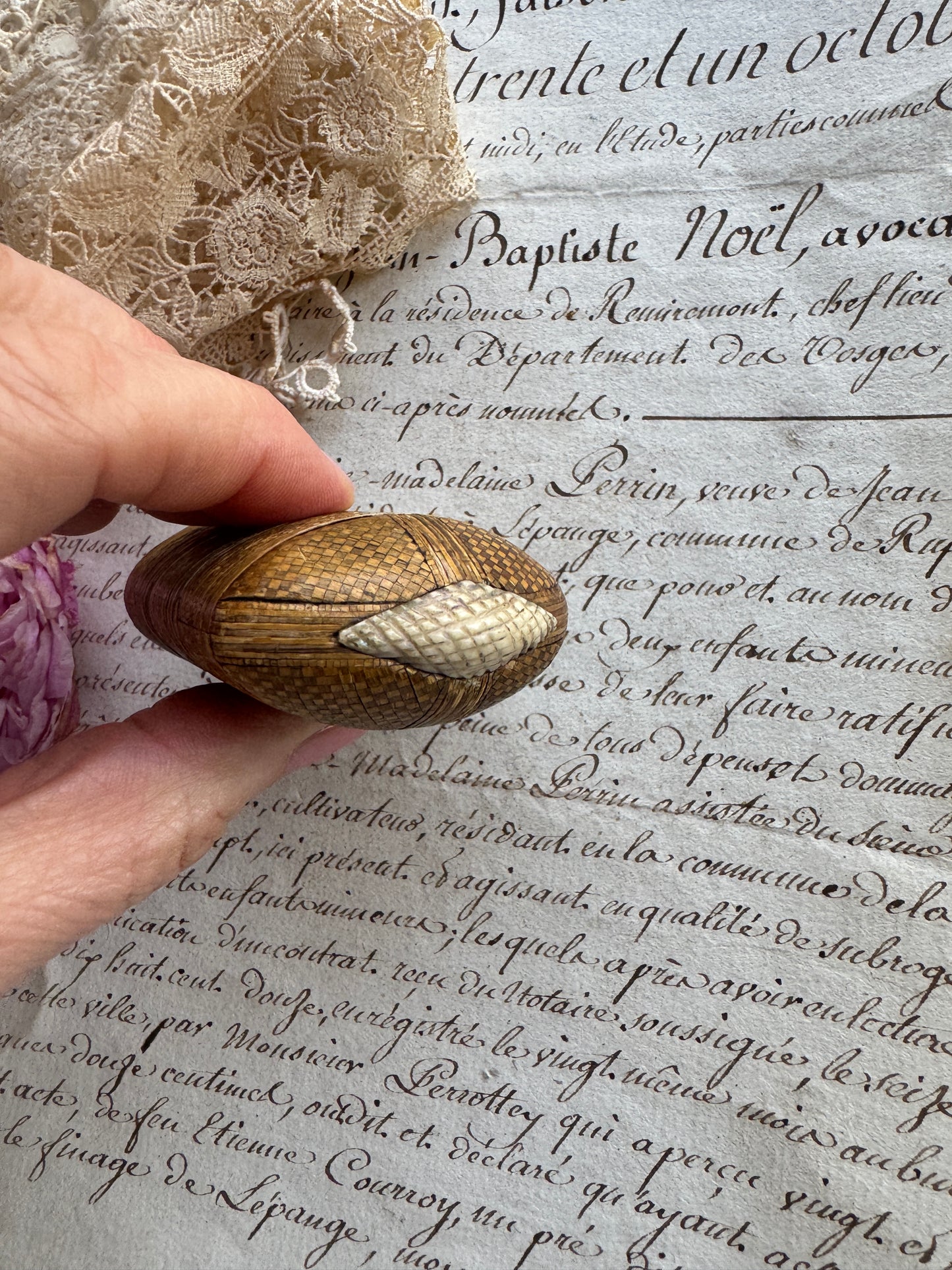 Antique Straw Work Match Vesta Case with Bone Striker- Early 19th Century France