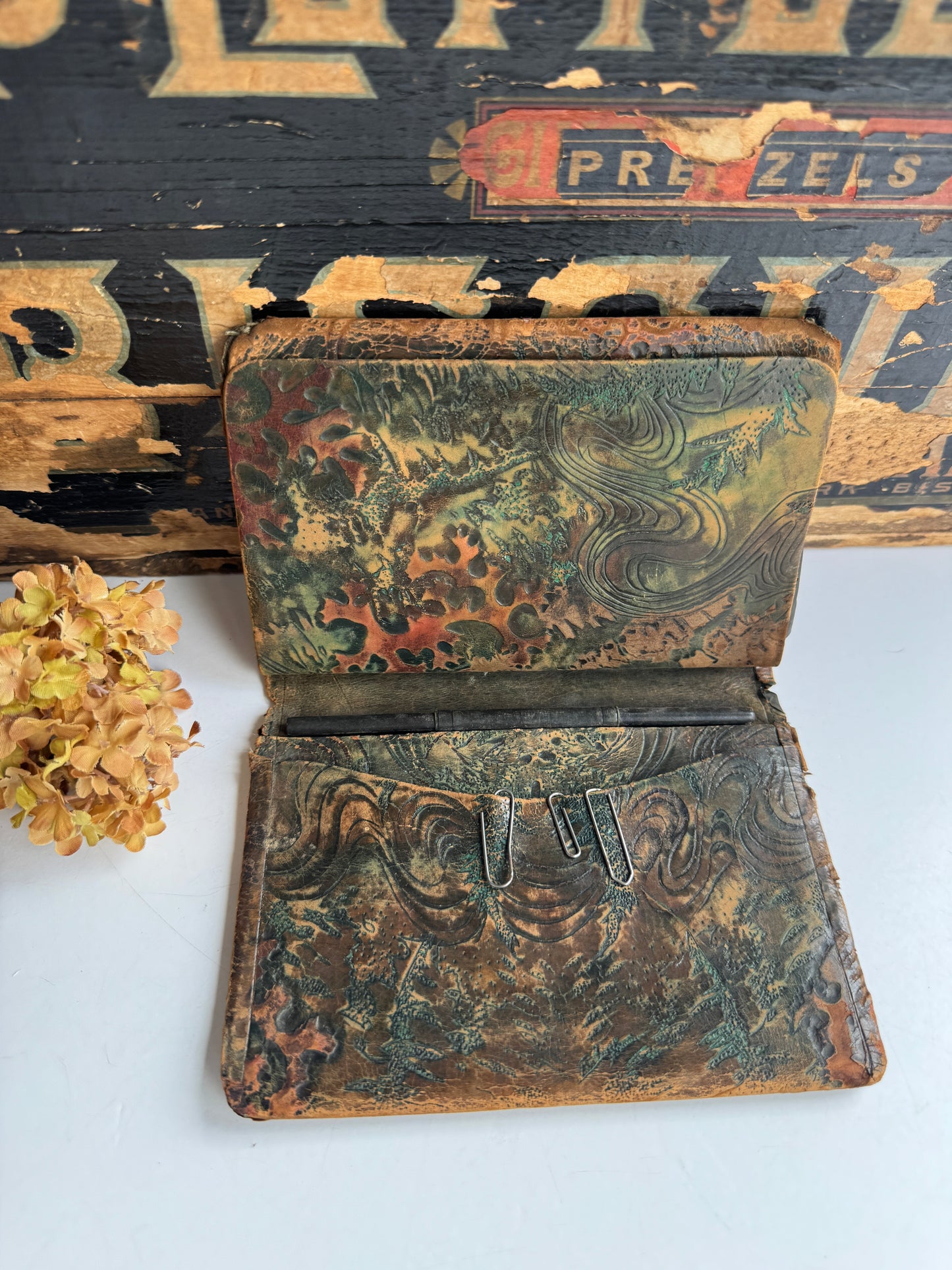 Antique Leather Portfolio Wallet, Letter Holder, Embossed with Monogram