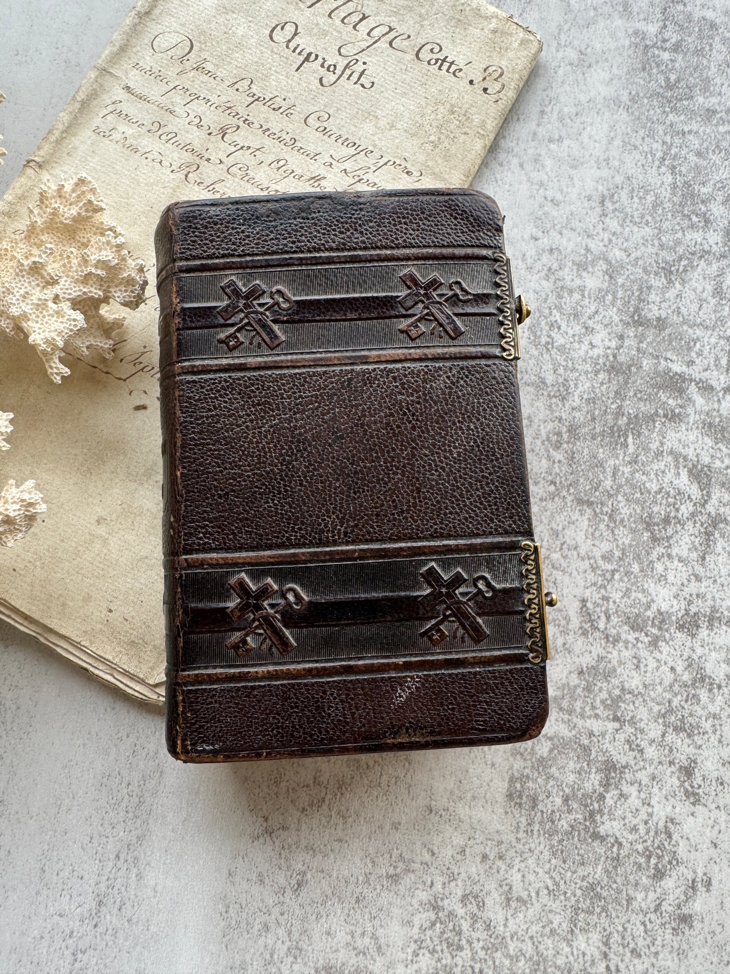 Antique 1860 French Catholic Prayer Book, Leather-Bound Paroissien Romain, Brass Clasp, Red Edged Pages