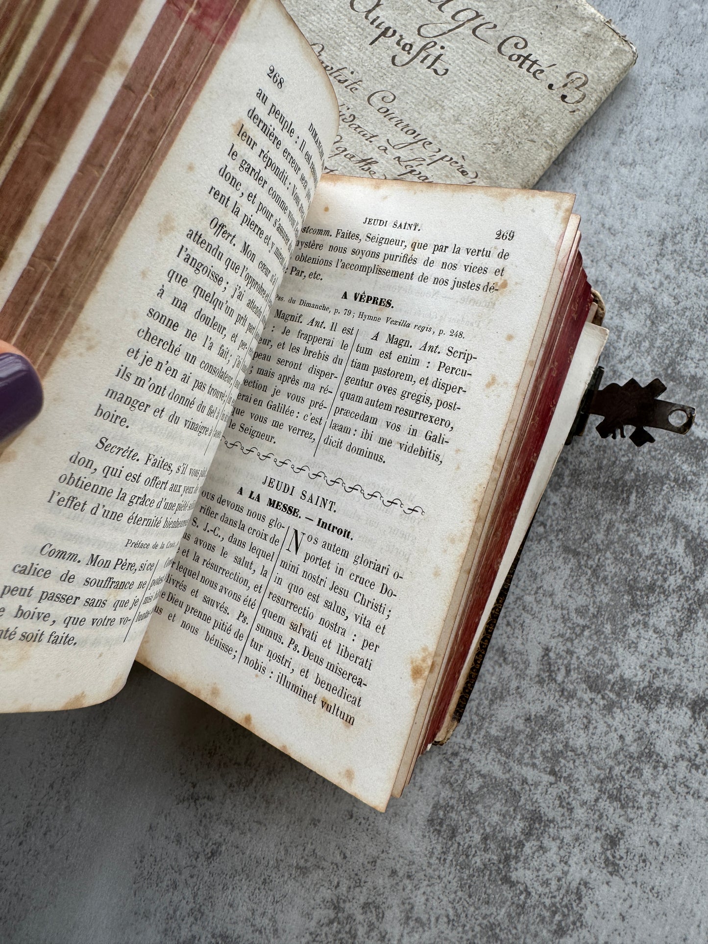 Antique 1860 French Catholic Prayer Book, Leather-Bound Paroissien Romain, Brass Clasp, Red Edged Pages