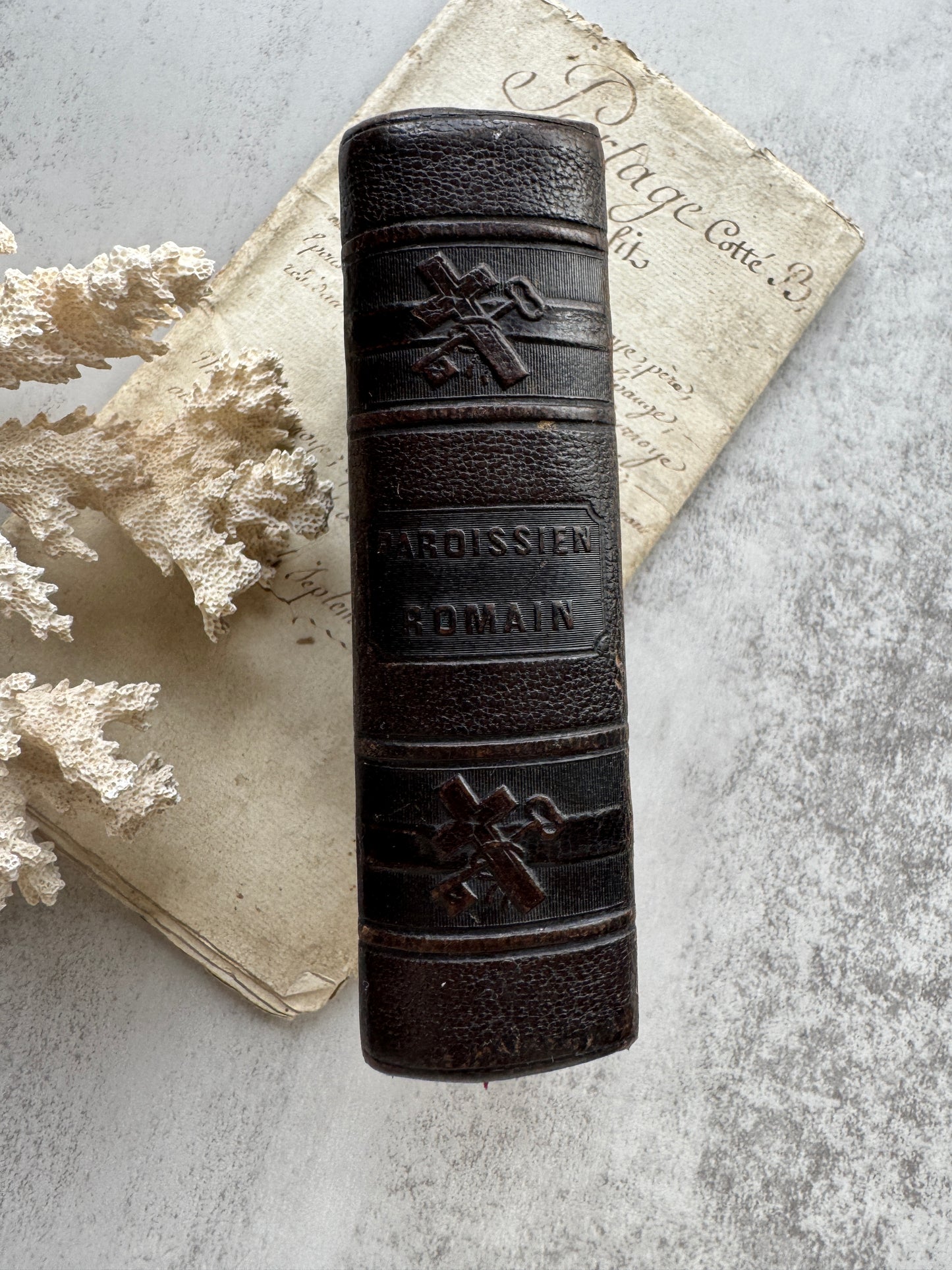 Antique 1860 French Catholic Prayer Book, Leather-Bound Paroissien Romain, Brass Clasp, Red Edged Pages