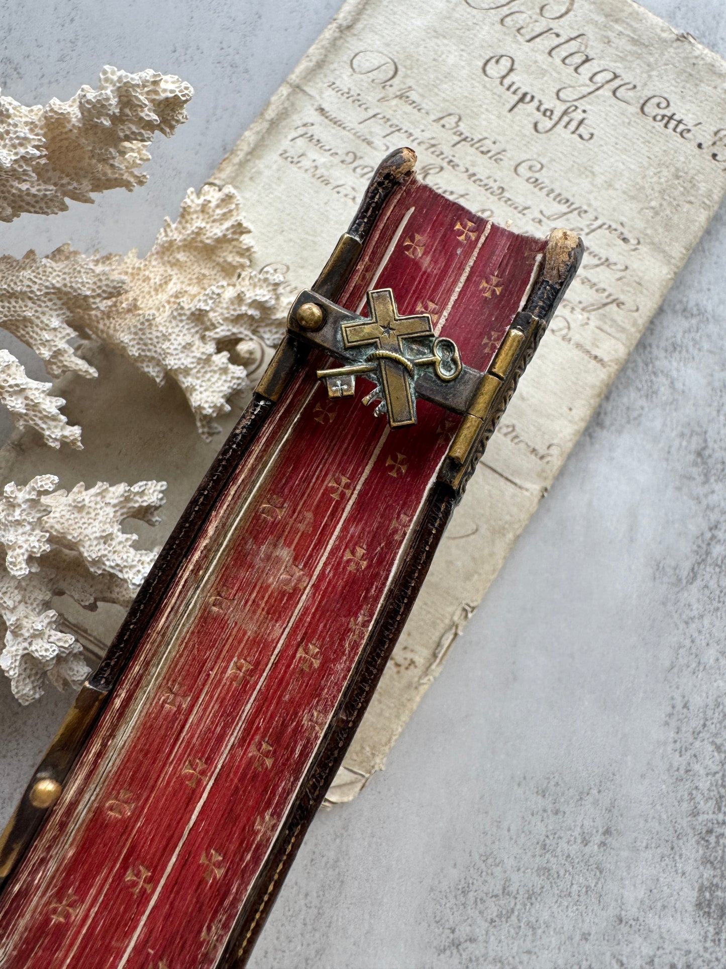 Antique 1860 French Catholic Prayer Book, Leather-Bound Paroissien Romain, Brass Clasp, Red Edged Pages