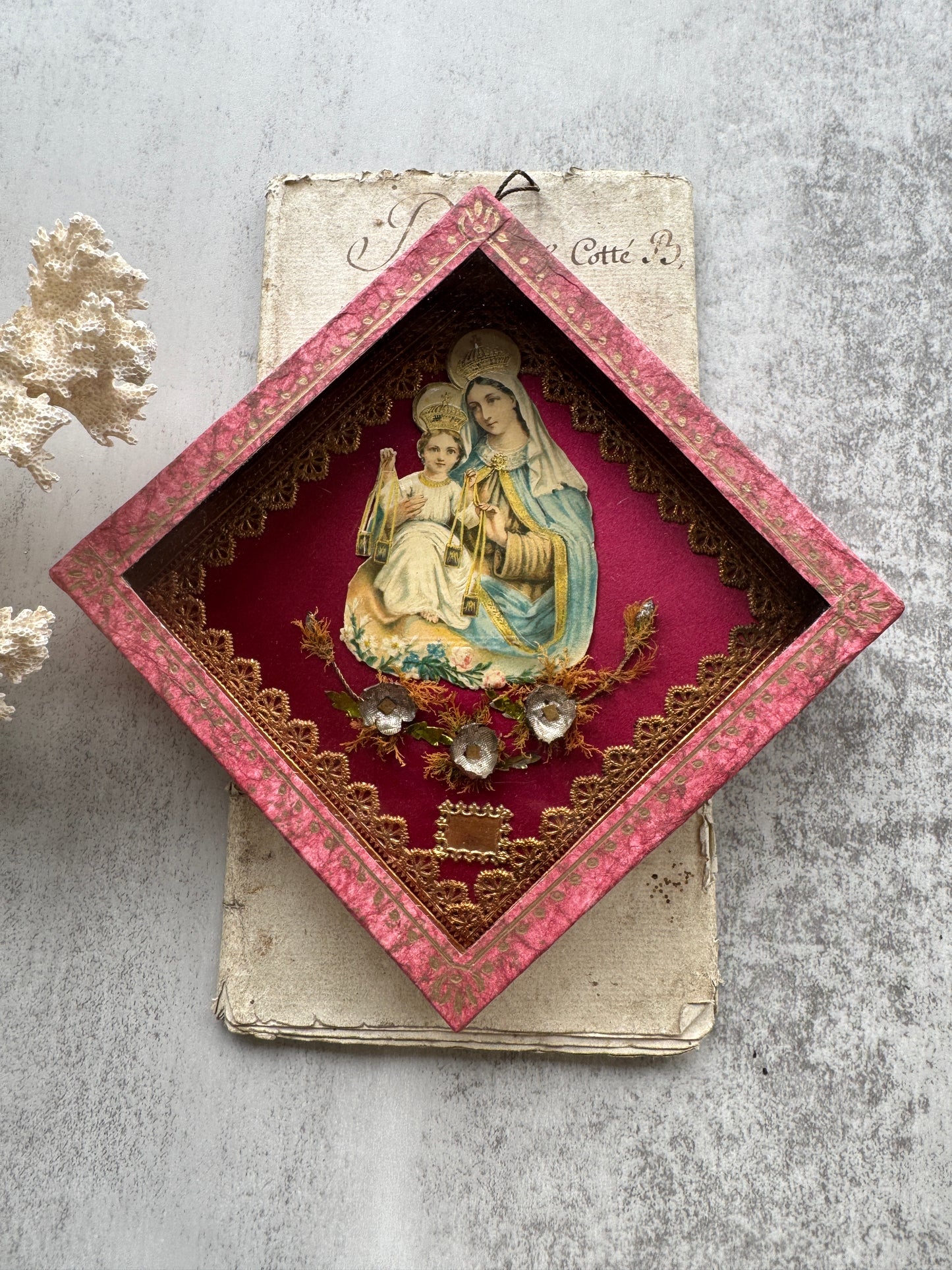 Antique Religious Reliquary Shadow Box, Virgin Mary & Christ Child