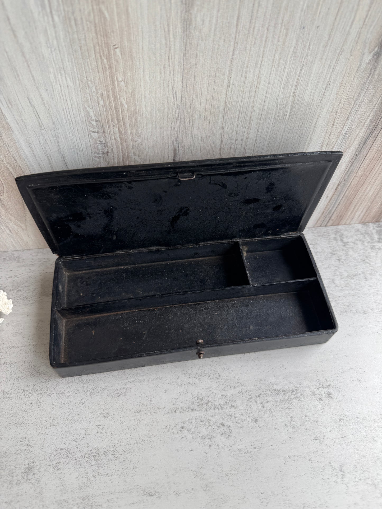 Antique Victorian Black Lacquer Pencil Box with Fox Hunting Scene, 19th Century