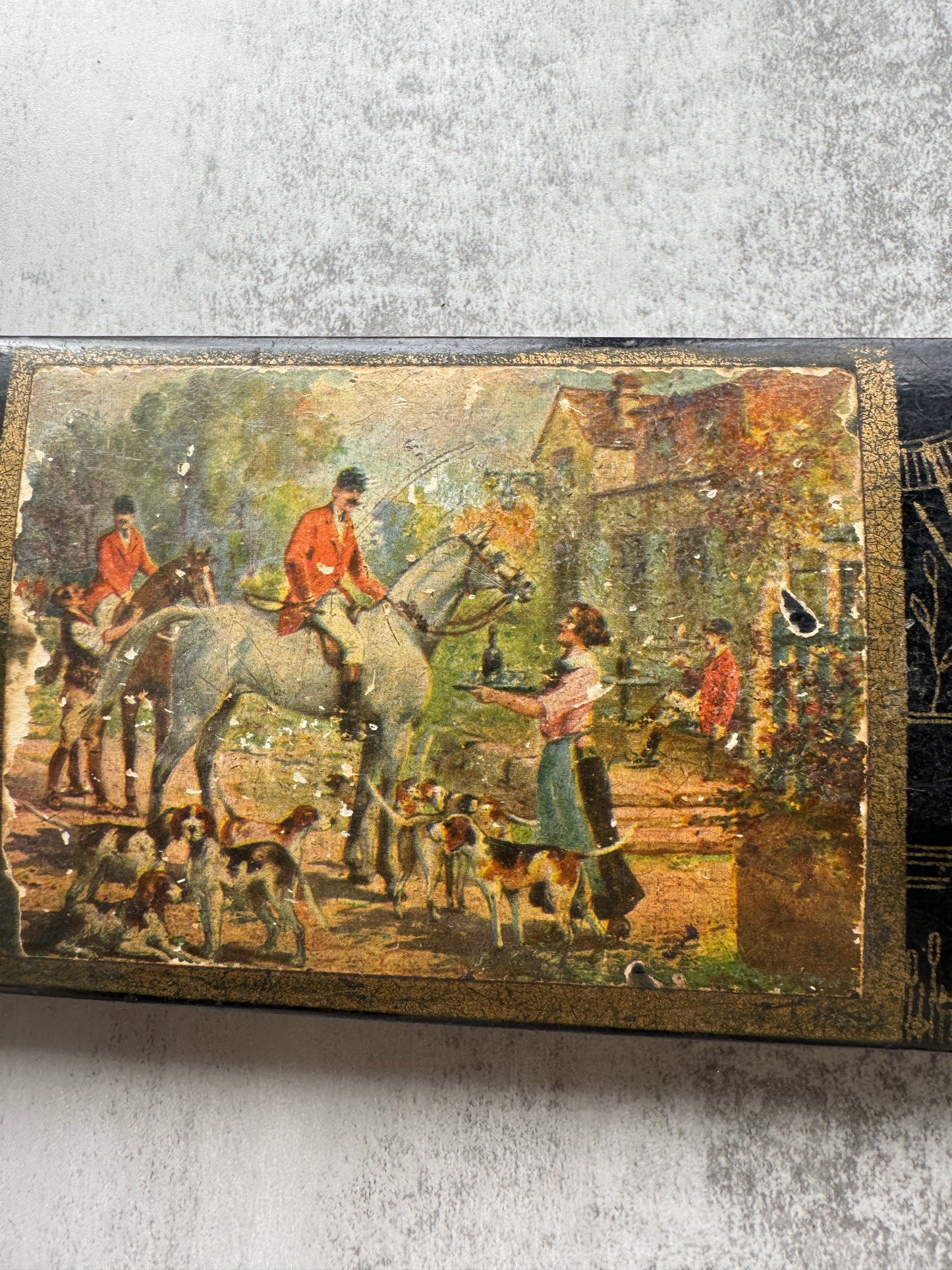 Antique Victorian Black Lacquer Pencil Box with Fox Hunting Scene, 19th Century