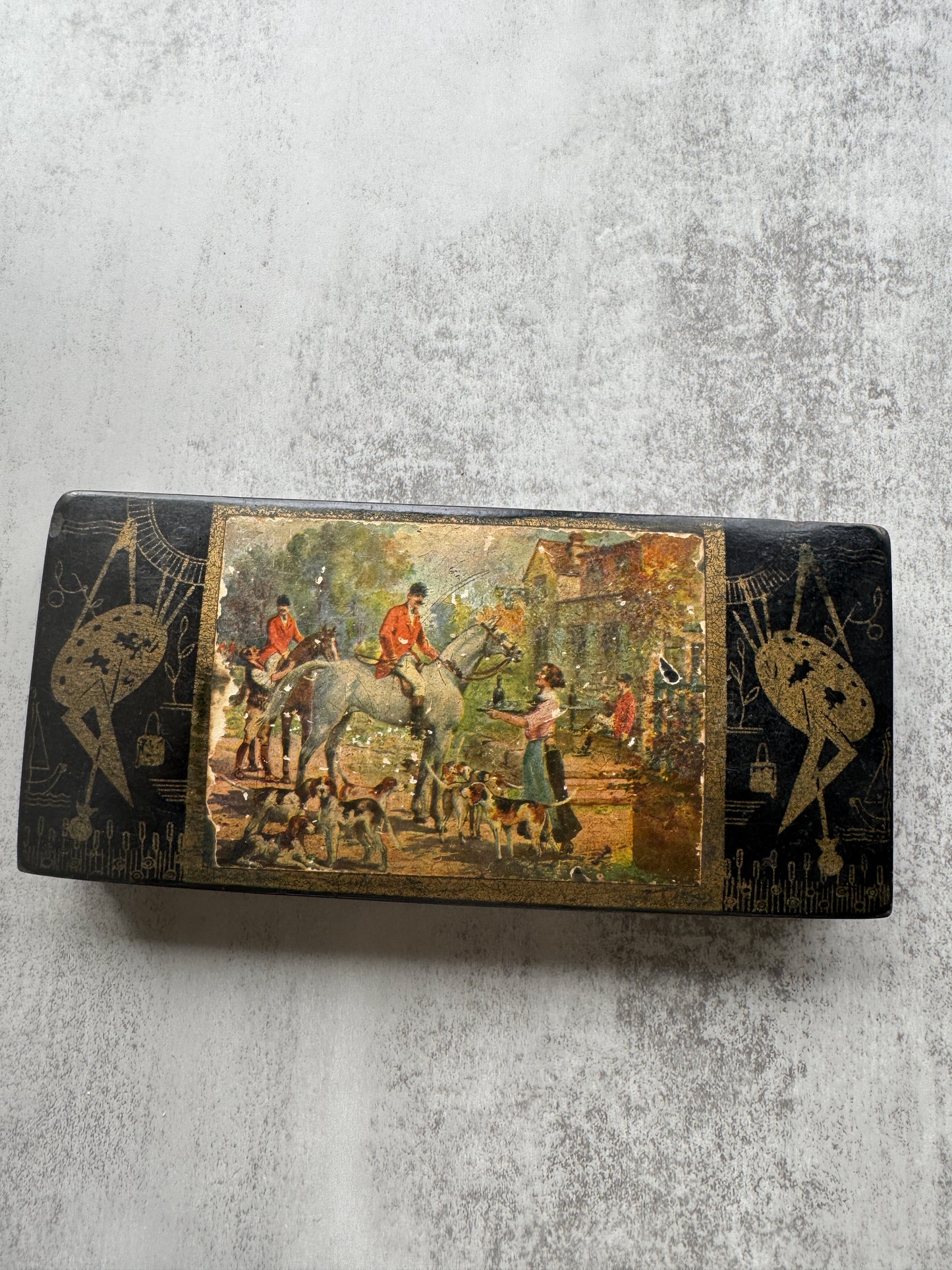 Antique Victorian Black Lacquer Pencil Box with Fox Hunting Scene, 19th Century