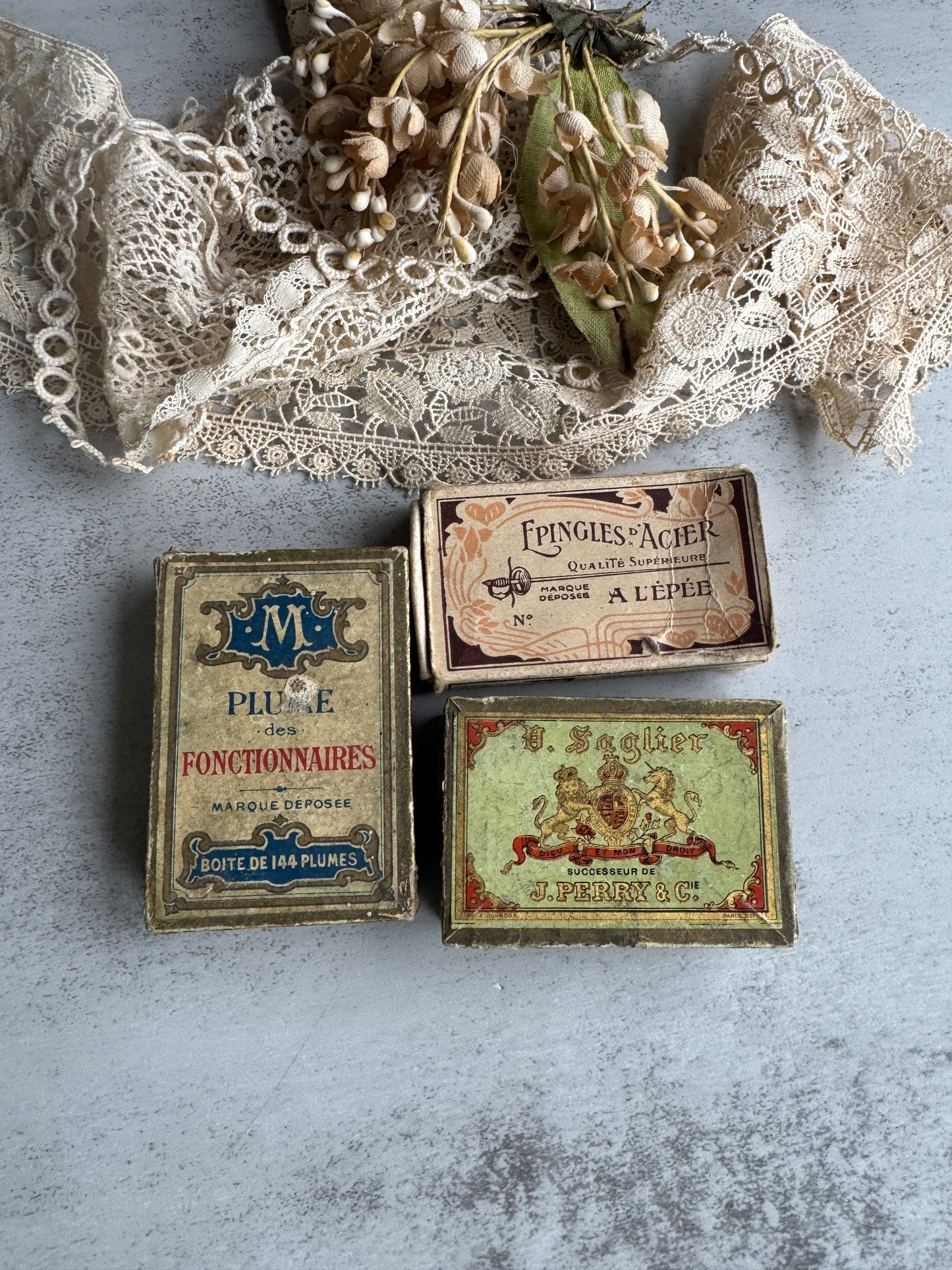 Set of Three Antique French Boxes, Steel Pins, Pen Nibs, Vintage Ephemera & Desk Collectibles
