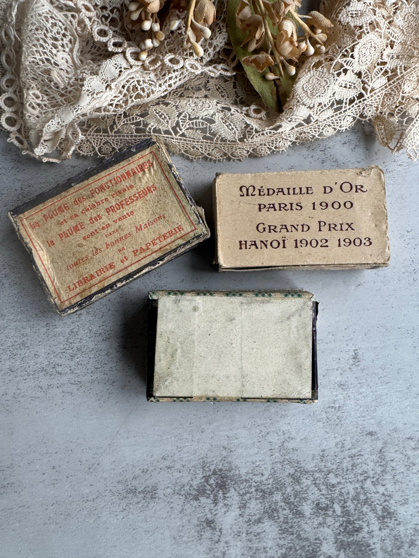 Set of Three Antique French Boxes, Steel Pins, Pen Nibs, Vintage Ephemera & Desk Collectibles