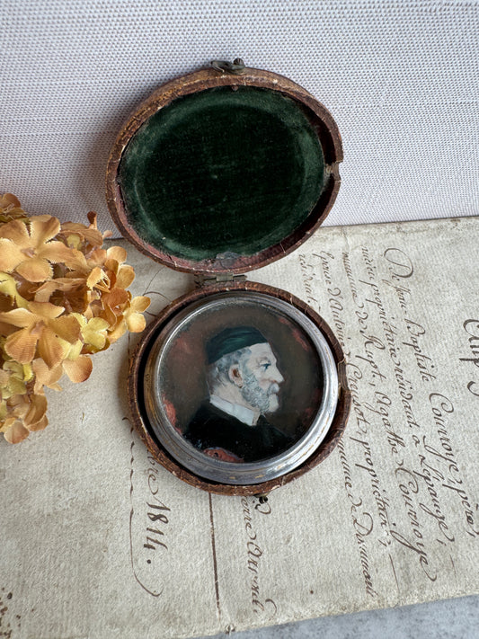 Antique 19th Century Miniature Portrait in Original Leather Case, Hand Painted
