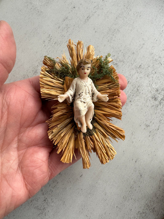 Antique French Nativity Figurine, Baby Jesus in Straw Cradle