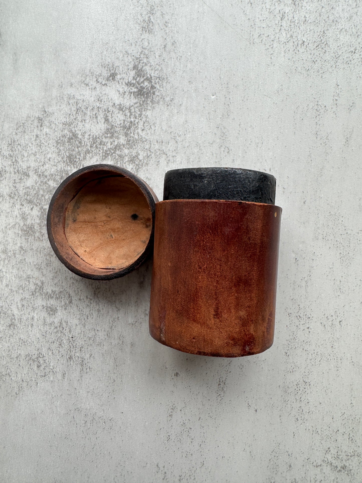 French Antique Leather Covered Wooden Snuff or Pill Box