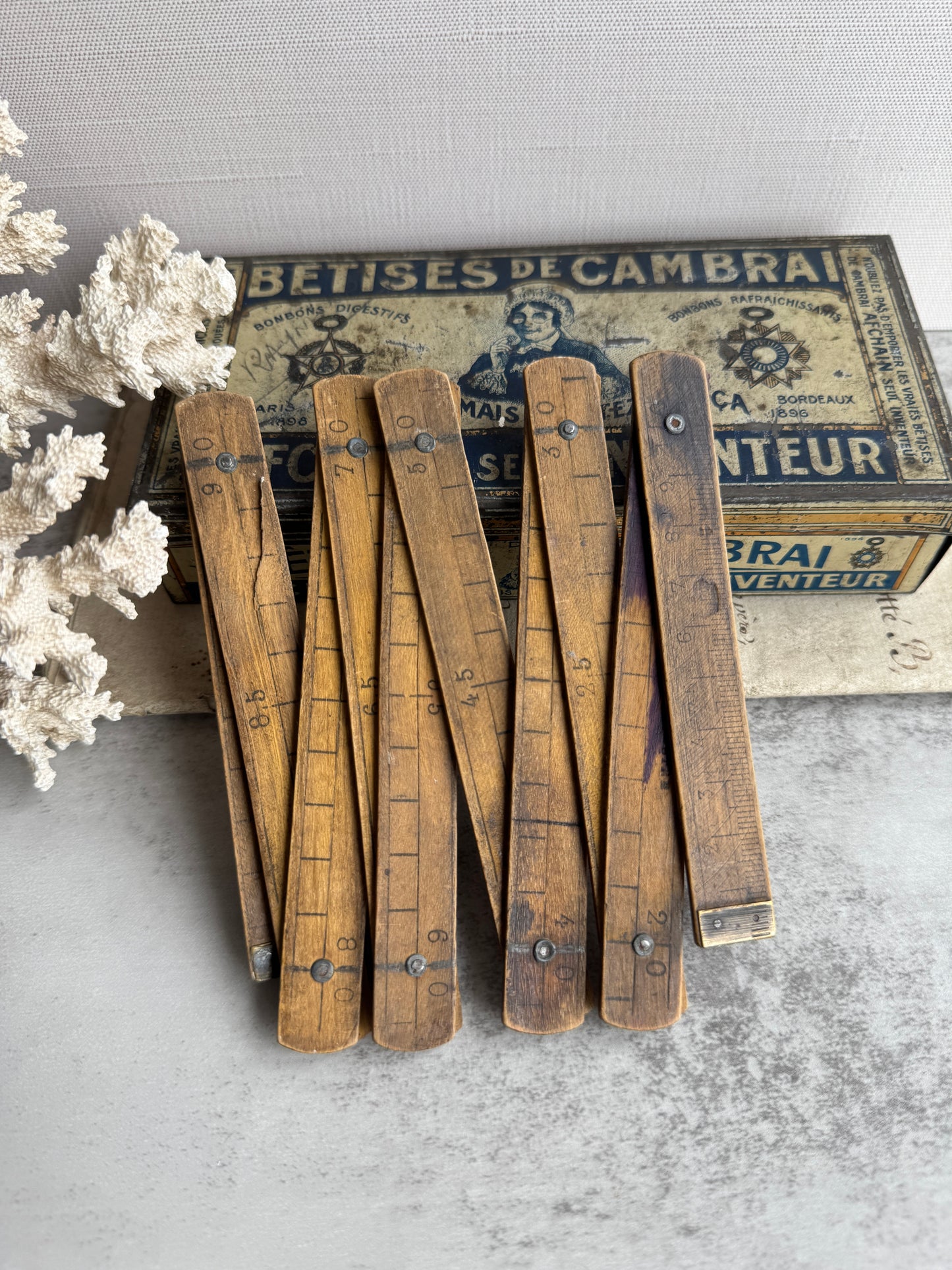 Antique French Wooden Folding Meter Ruler with Patina