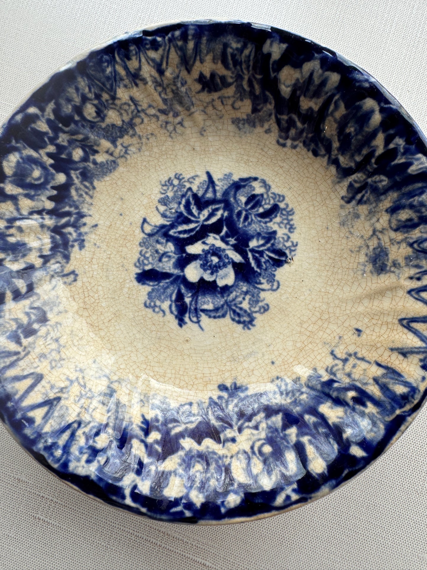 Set of 6 Antique Blue & White Transferware Dishes, Wildrose, Germany