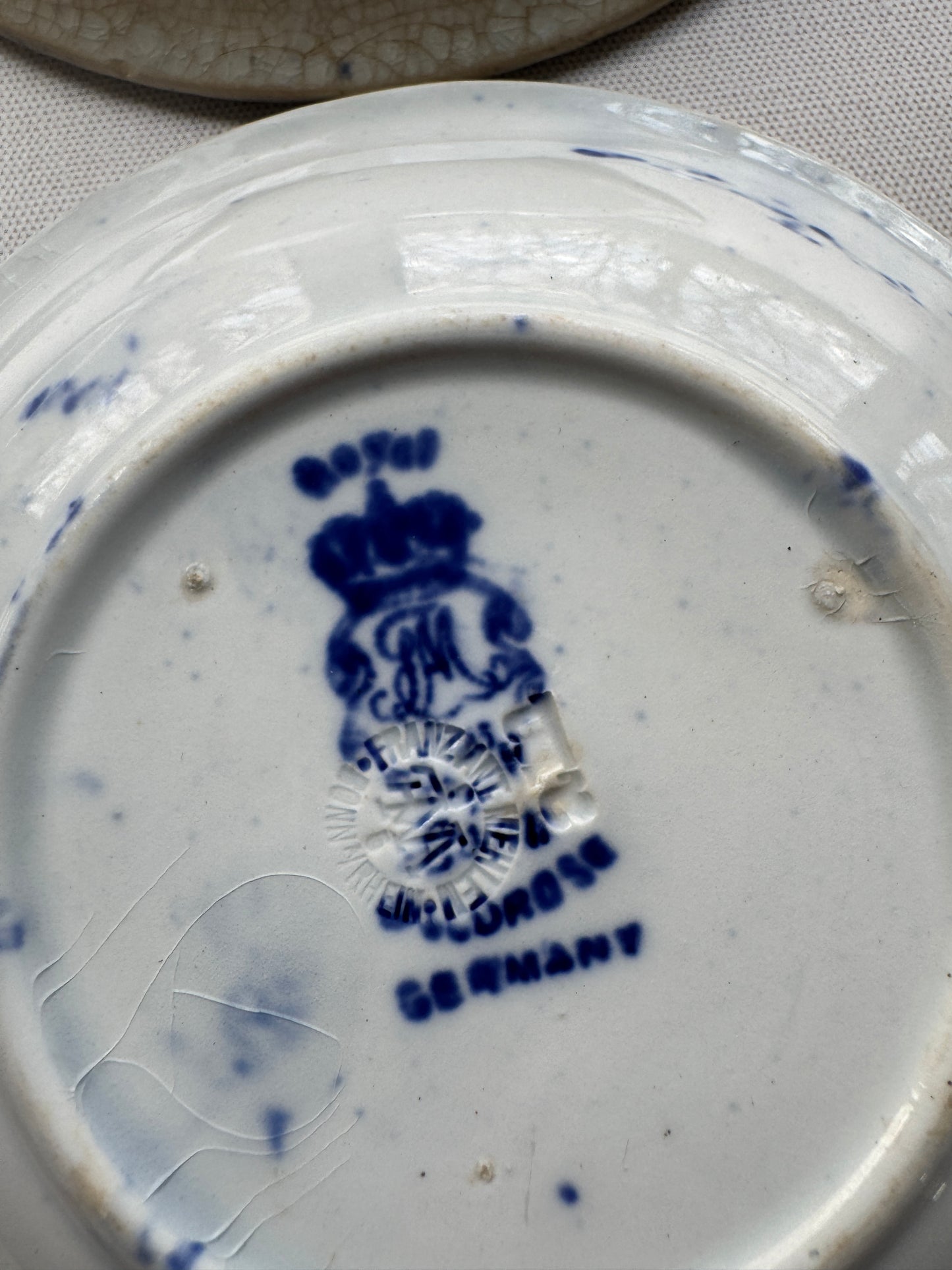 Set of 6 Antique Blue & White Transferware Dishes, Wildrose, Germany