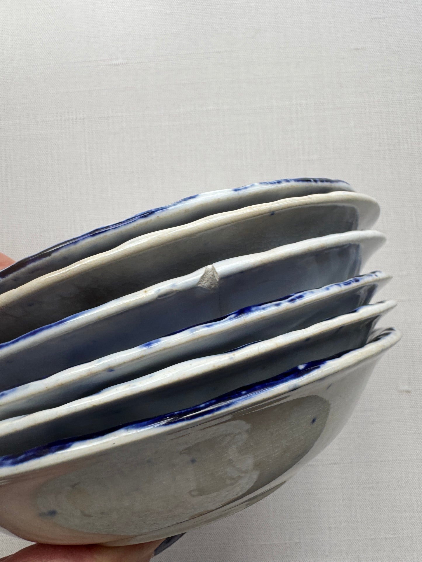 Set of 6 Antique Blue & White Transferware Dishes, Wildrose, Germany