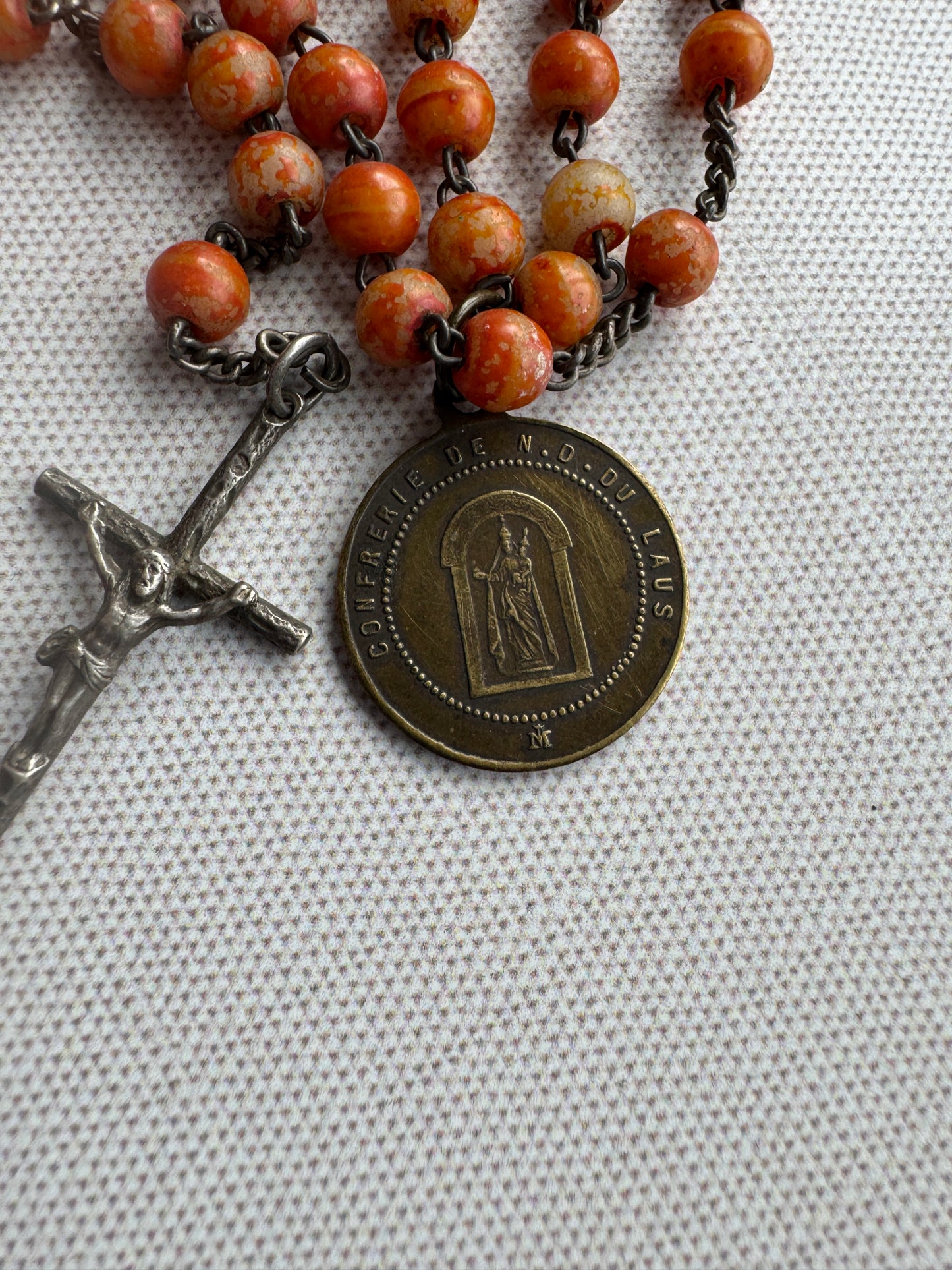 Antique French Rosary with Coral Colored Beads & Medal