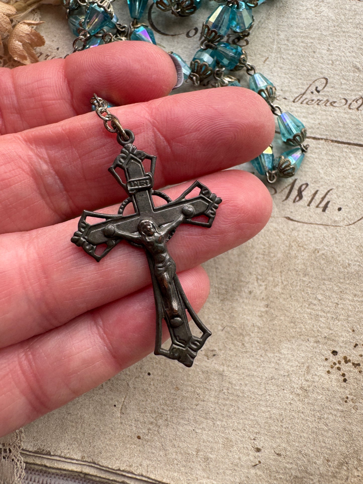 Vintage Blue Crystal Rosary with Ornate Caps & Crucifix