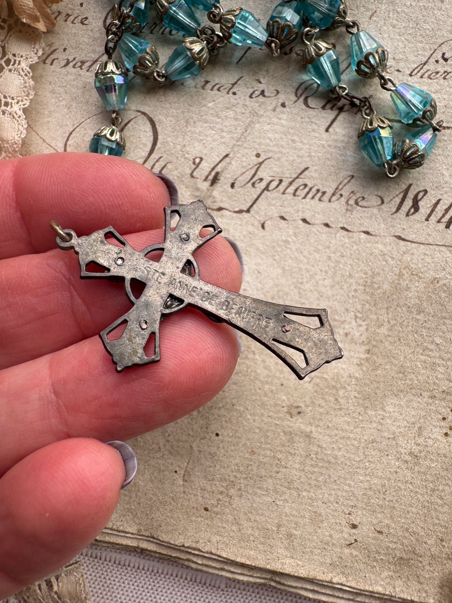 Vintage Blue Crystal Rosary with Ornate Caps & Crucifix