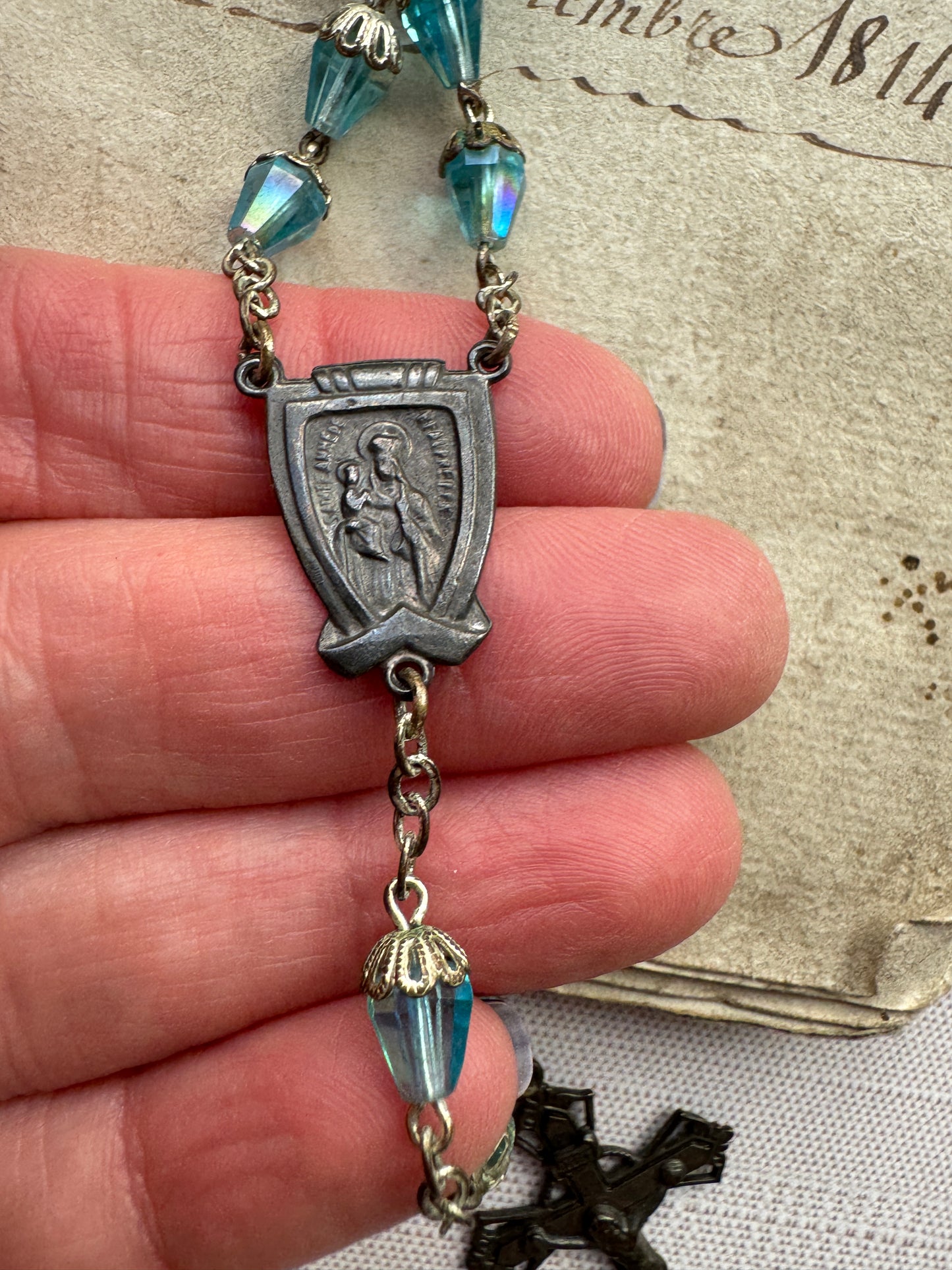 Vintage Blue Crystal Rosary with Ornate Caps & Crucifix