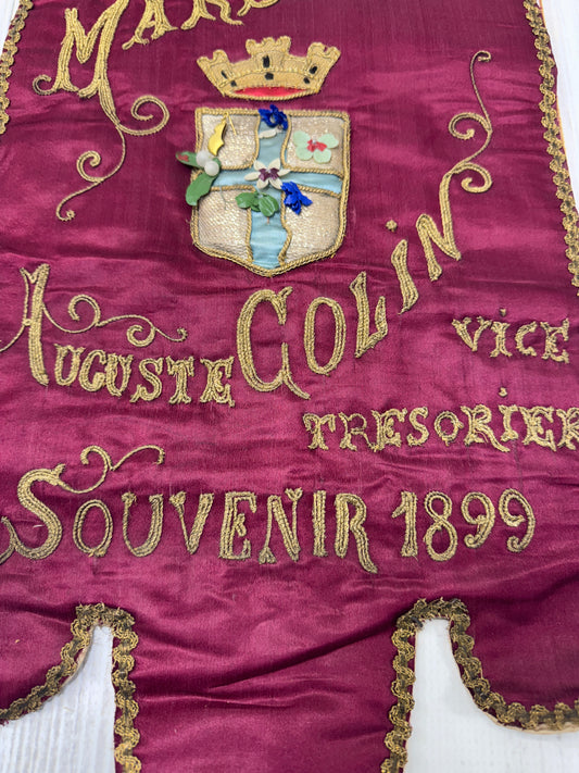 Antique 1899 Mi-Carême Marseille French Embroidered Silk Banner with Gold Metallic Thread