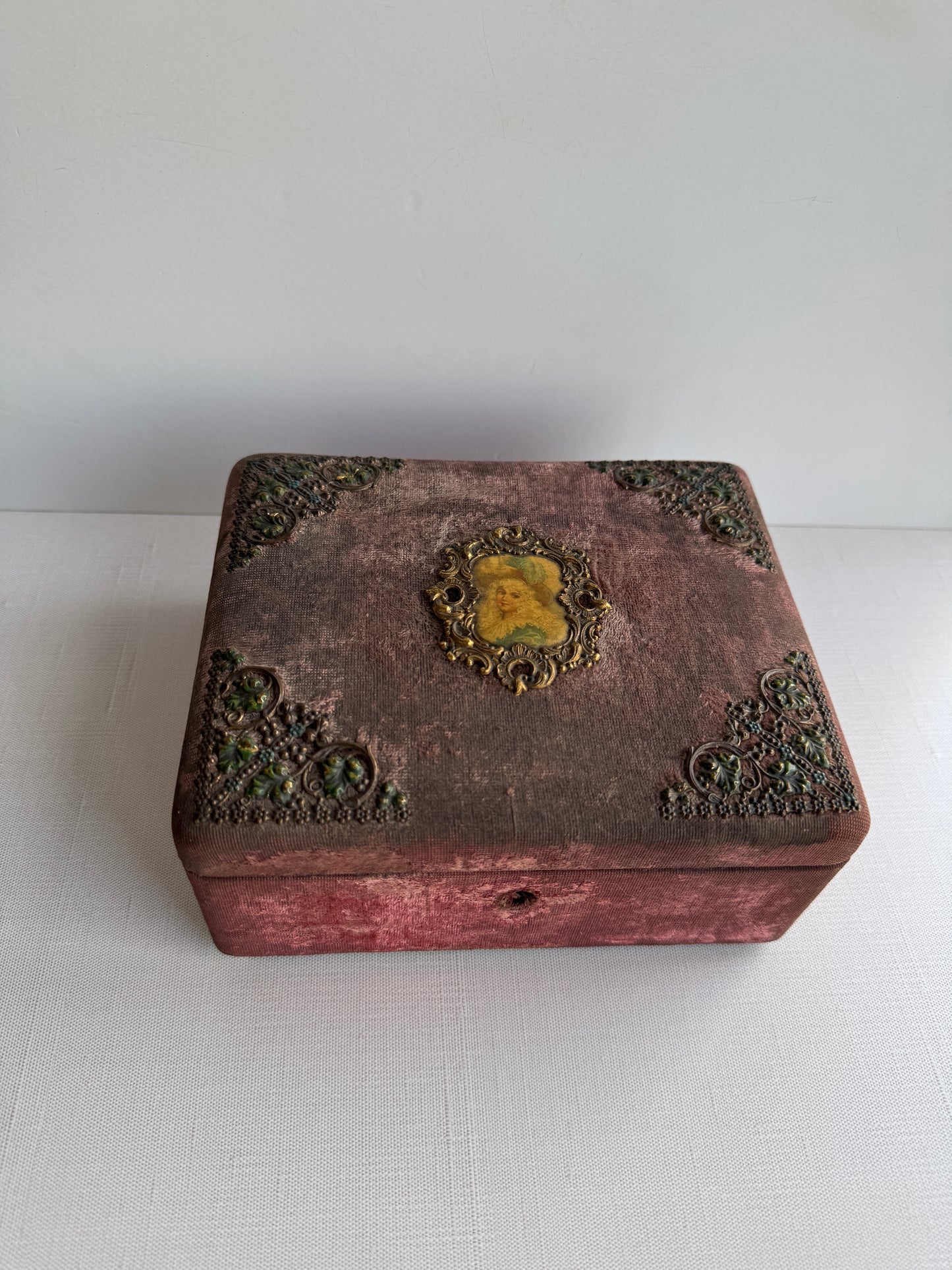 Antique French Velvet Jewelry Box with Tufted Silk Interior