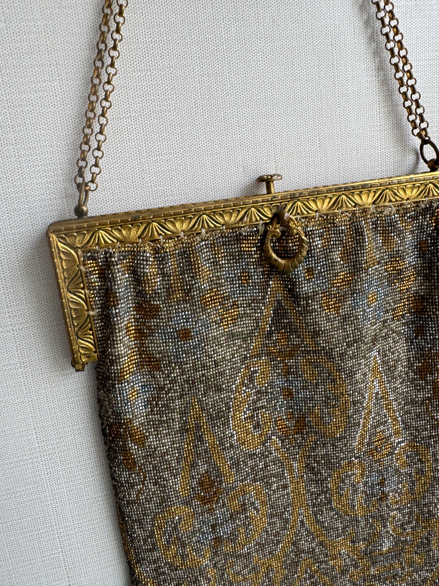 Antique French Purse, Elegant Beaded Evening Bag with Gold Frame and Chain Handle