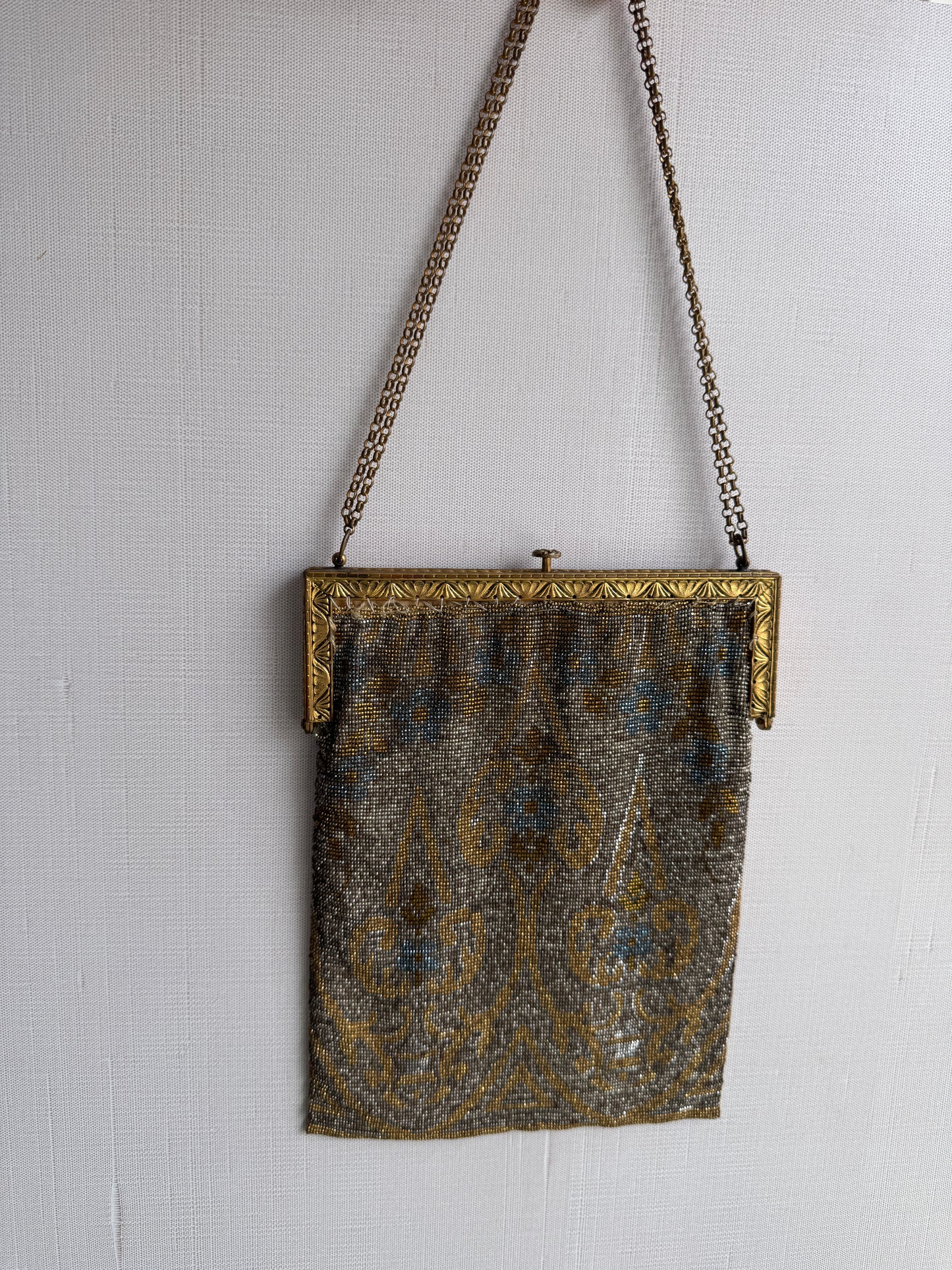 Antique French Purse, Elegant Beaded Evening Bag with Gold Frame and Chain Handle