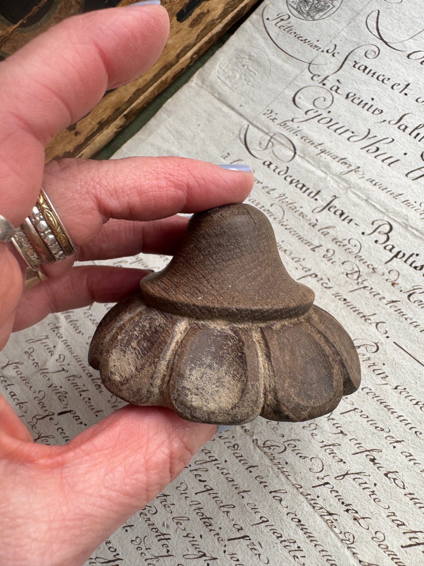 Antique Hand-Carved Wooden Finial with Petal Design