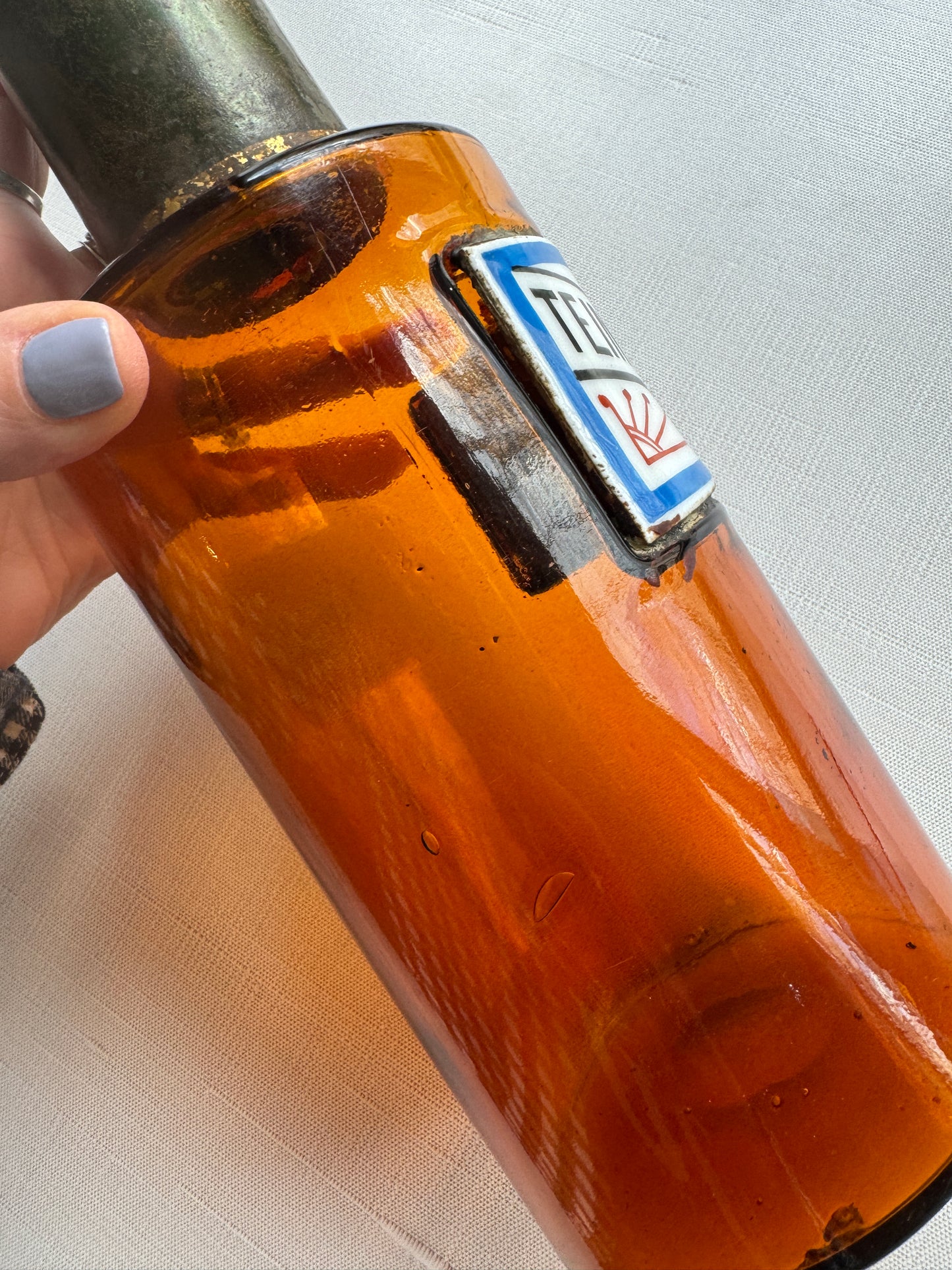 Antique French Apothecary Bottle, Amber Colored Glass, Porcelain Label