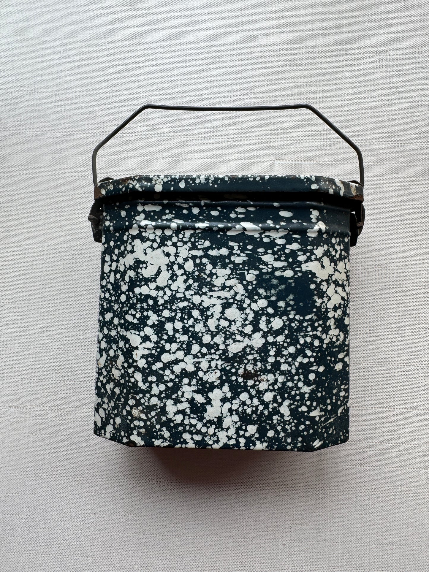 Vintage French Enamel Lunch Pail, Graniteware with Handle