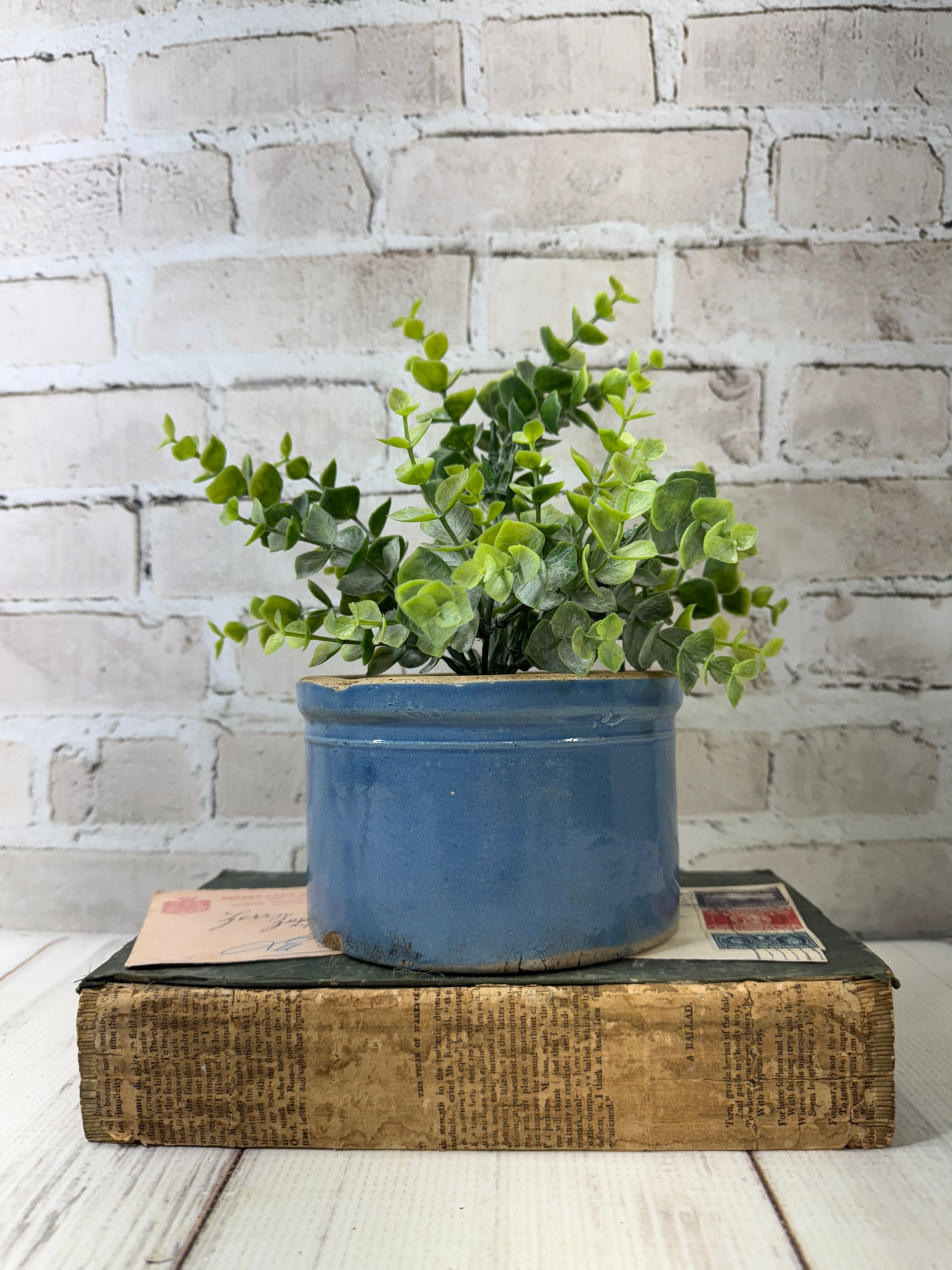 Vintage Blue Stoneware Crock, Small Rustic Glazed Pot