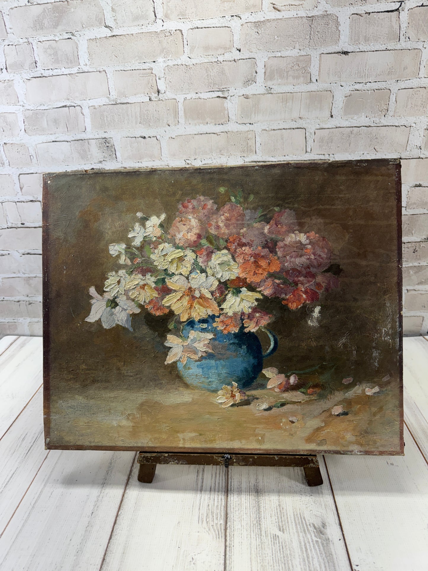 Antique French Floral Painting, Still Life in Blue Pitcher