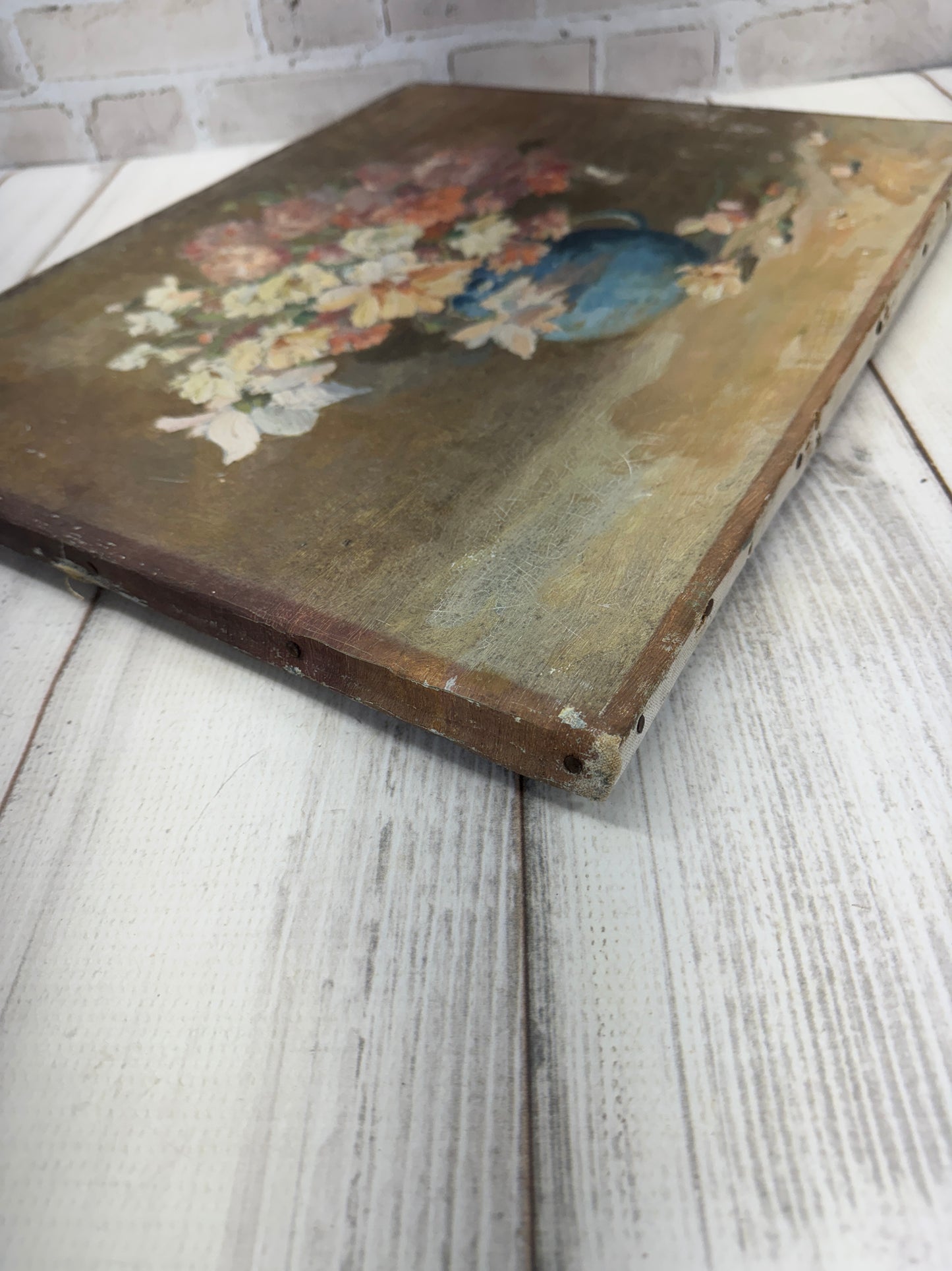 Antique French Floral Painting, Still Life in Blue Pitcher