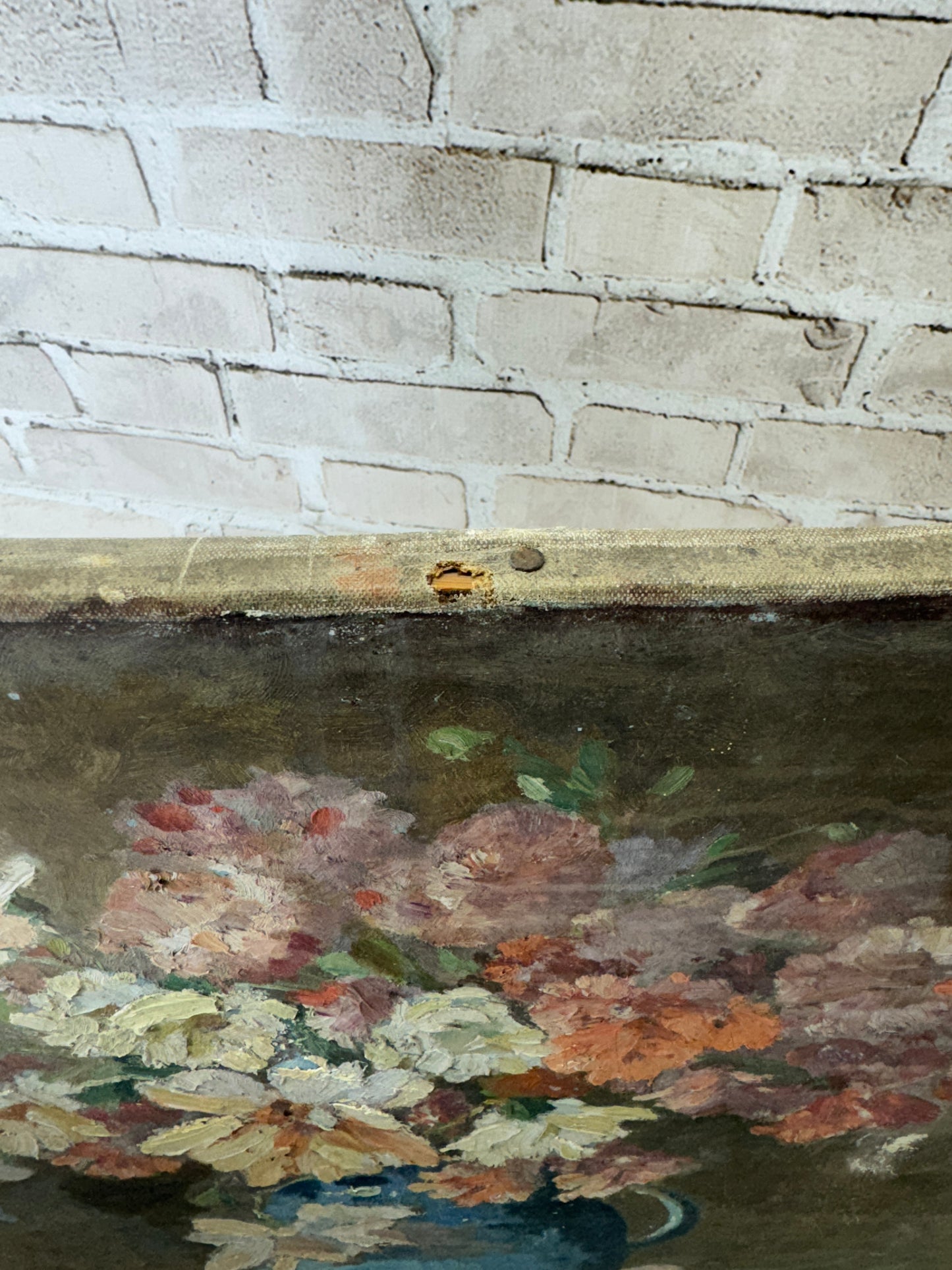 Antique French Floral Painting, Still Life in Blue Pitcher