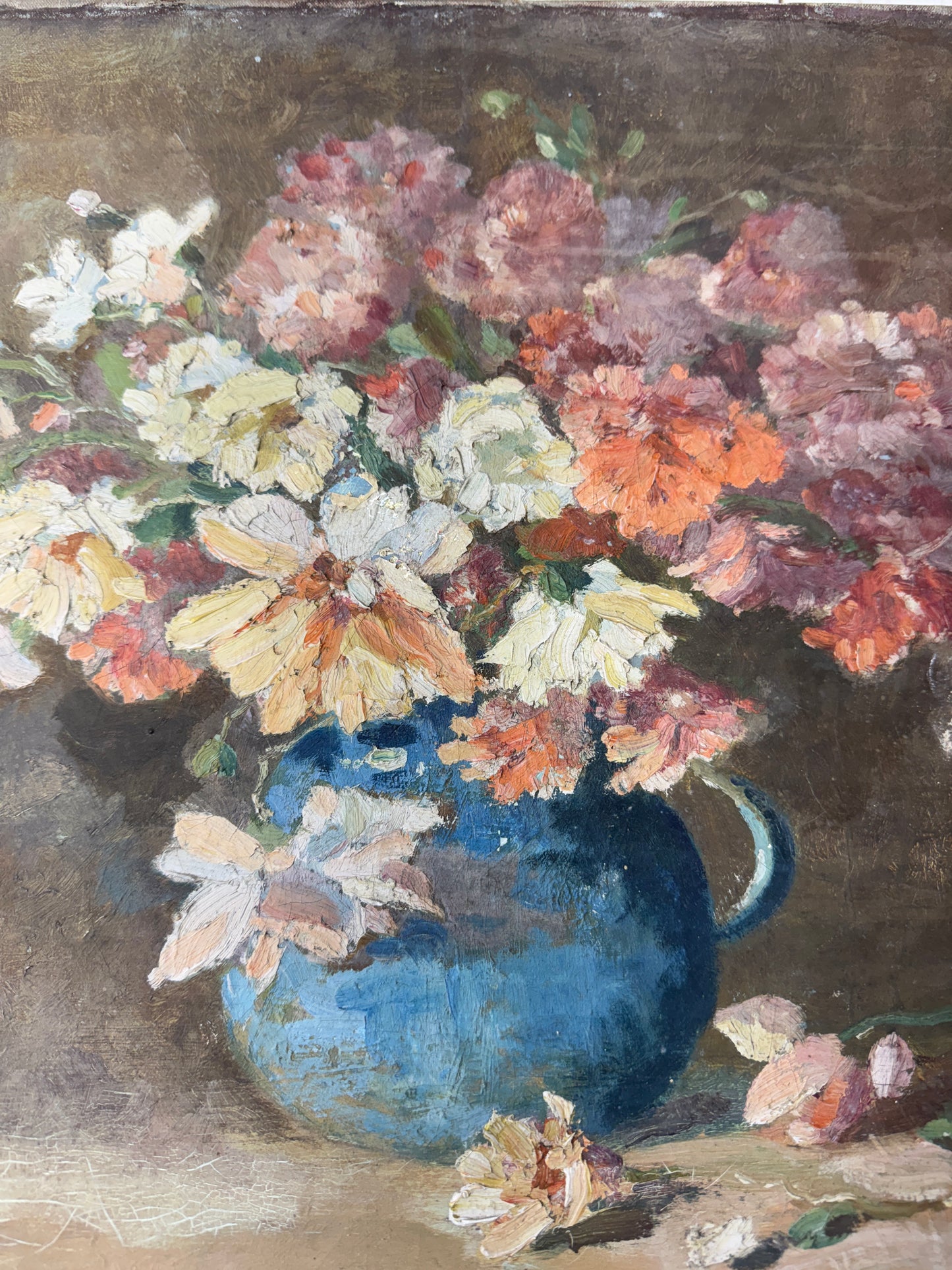 Antique French Floral Painting, Still Life in Blue Pitcher
