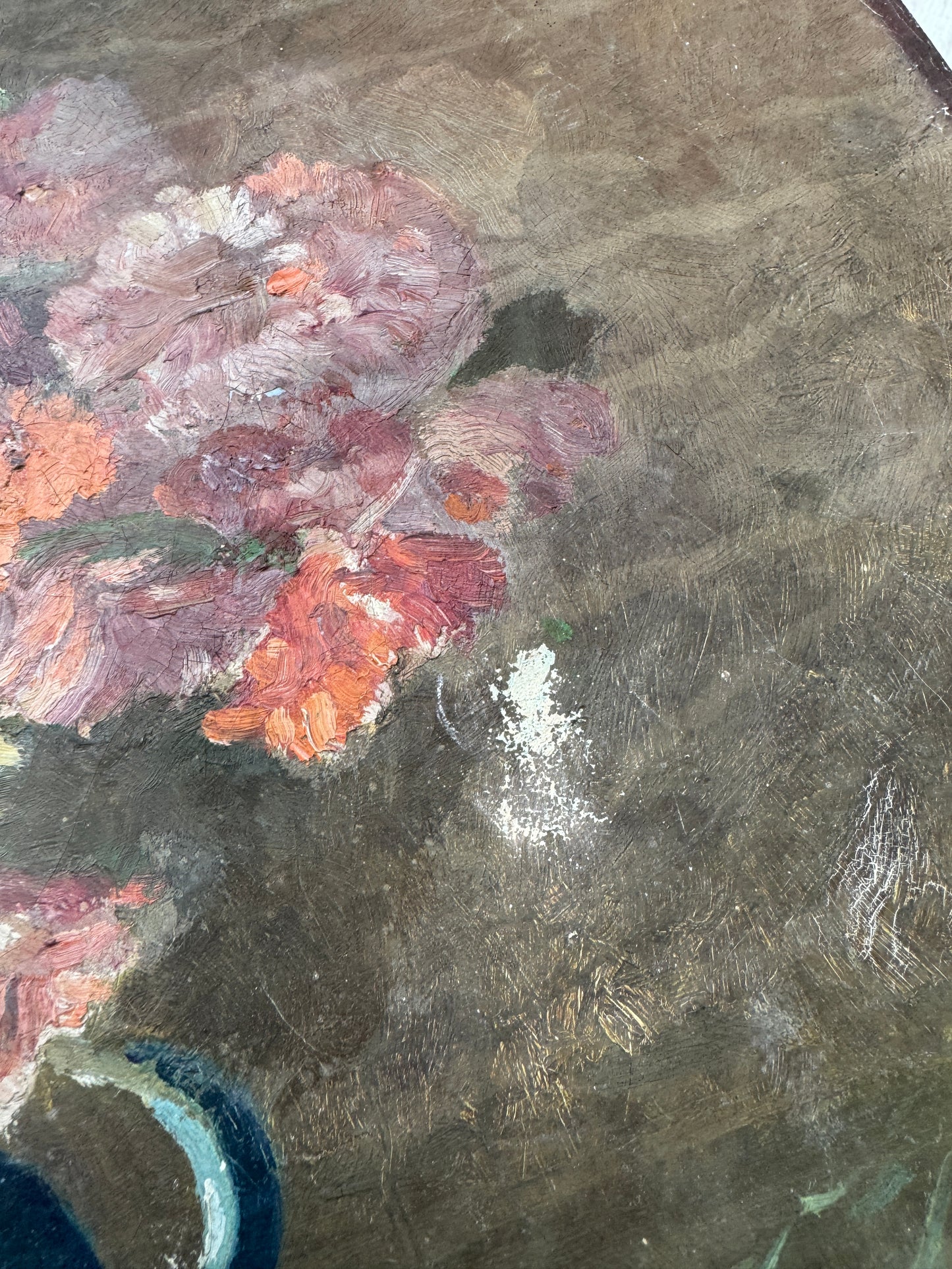 Antique French Floral Painting, Still Life in Blue Pitcher