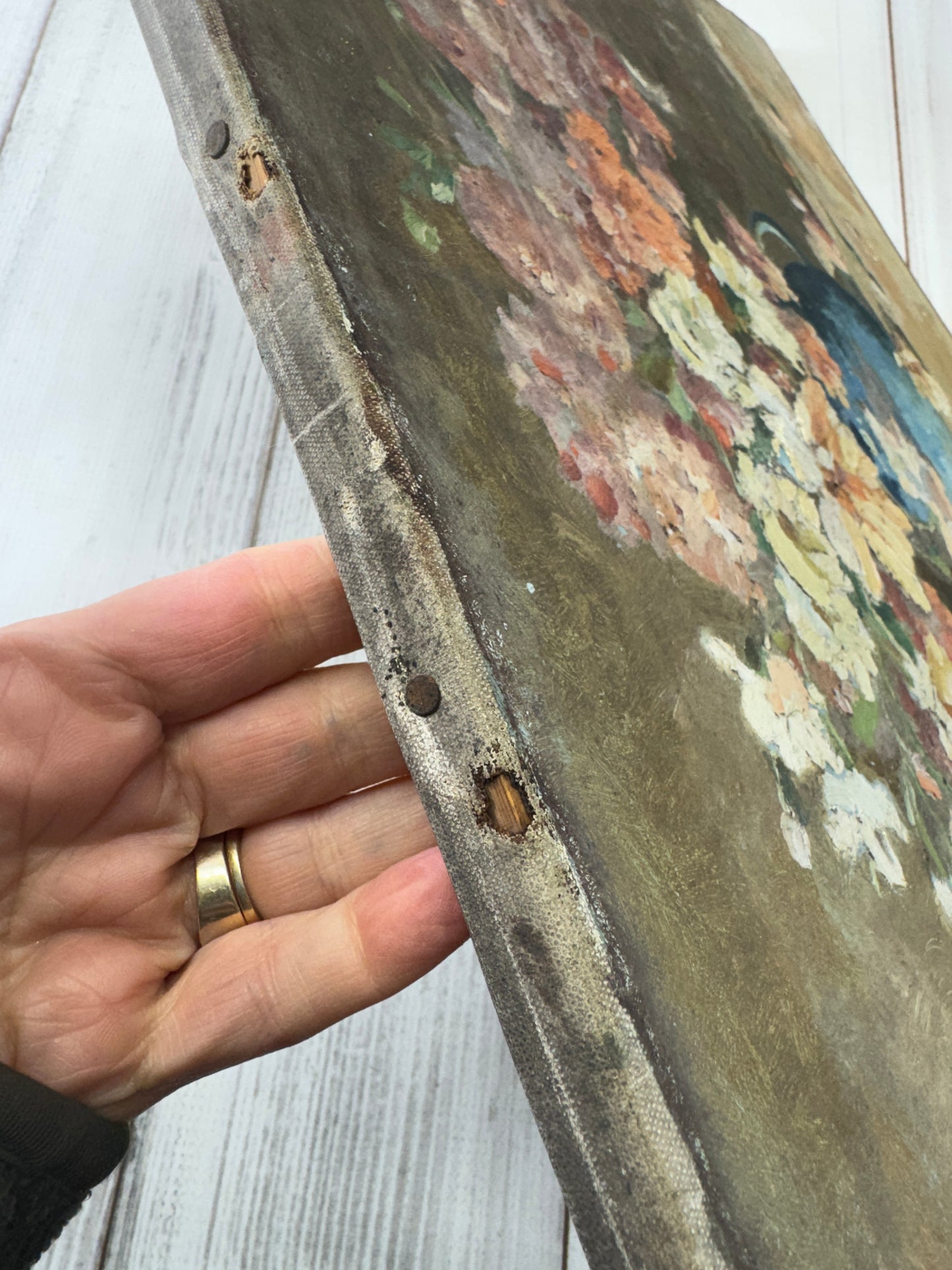 Antique French Floral Painting, Still Life in Blue Pitcher