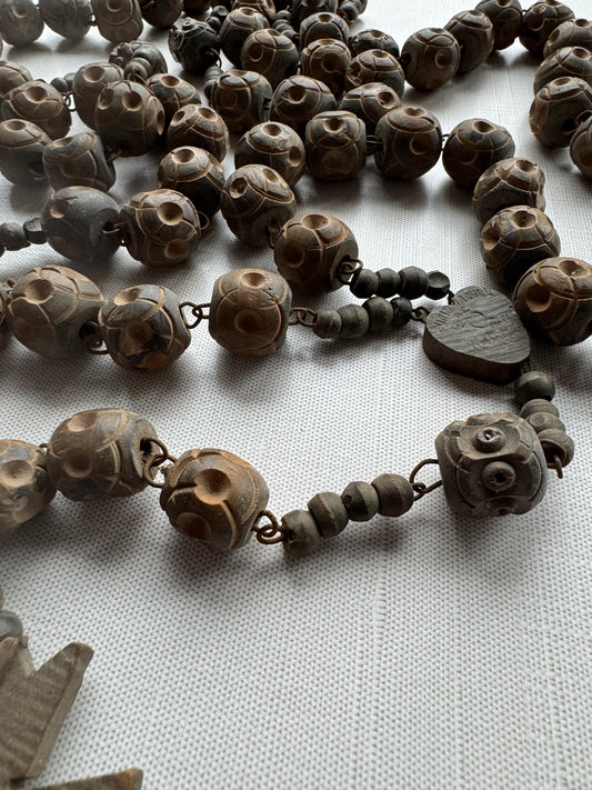Antique French Carved Wooden Rosary, Oversized Beads & Crucifix