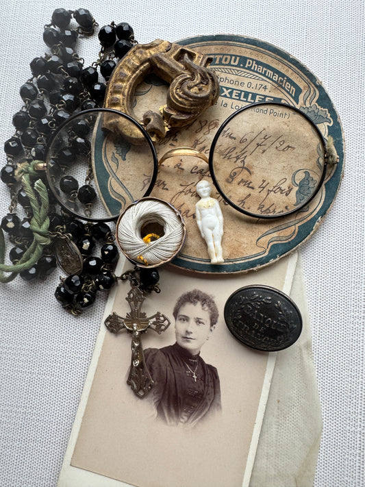 Antique French Vignette Lot, Rosary, Cabinet Card, Doll, Ephemera & More